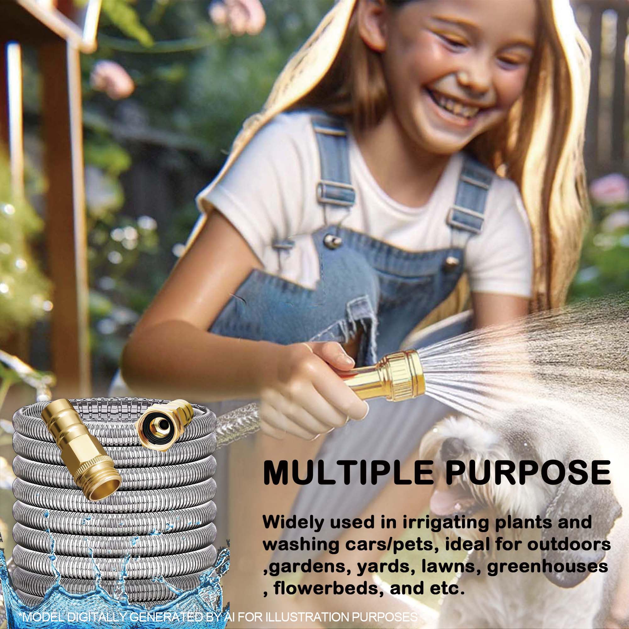 Manguera de jardín de acero inoxidable: metal duradero de calidad con salida de agua de alta presión para jardineros (20 pies)