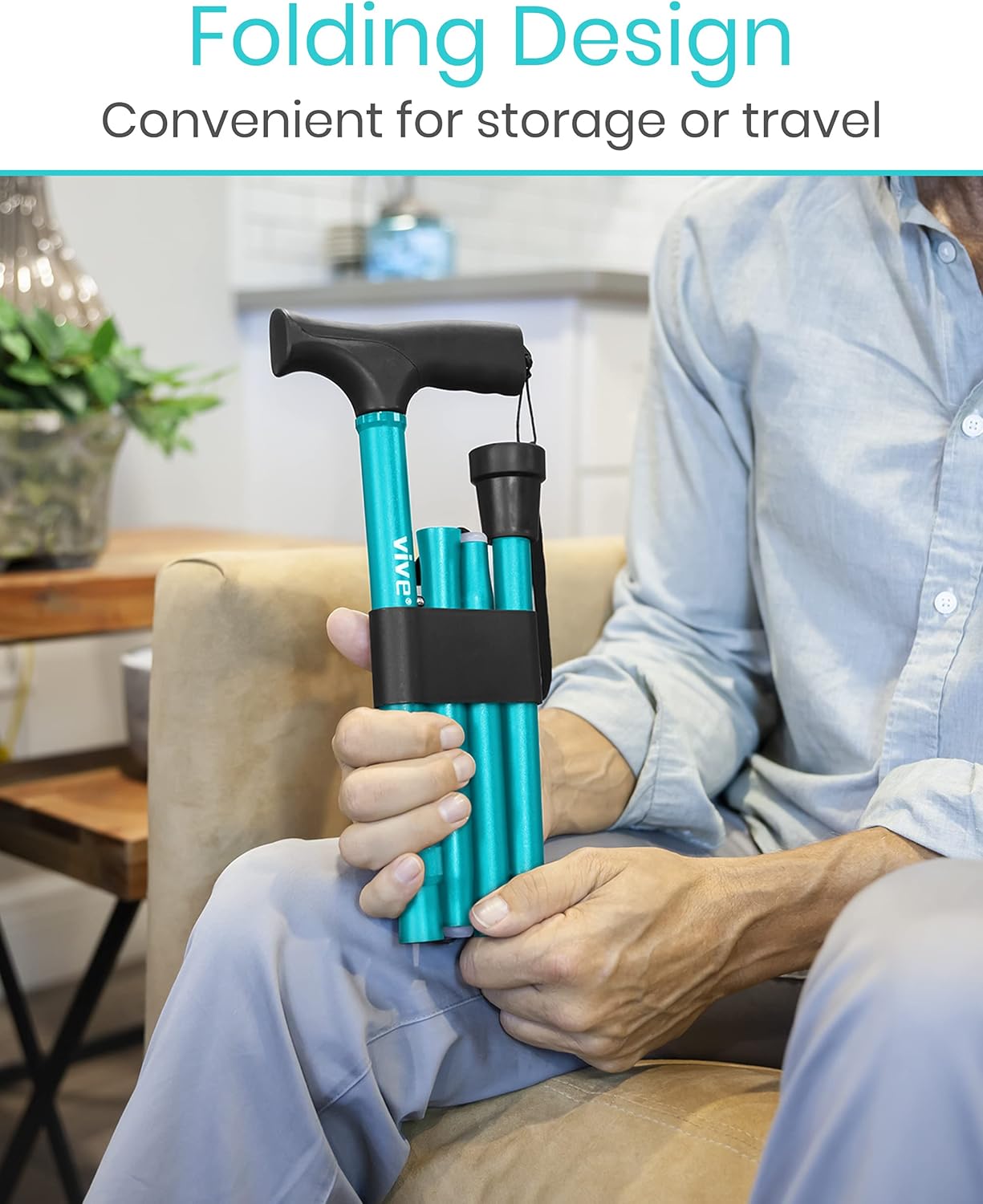 Get Special Price Vive Folding Cane - Foldable Walking Cane for Men, Women - Fold-up, Collapsible, Lightweight, Adjustable, Portable Hand Walking Stick - Balancing Mobility Aid - Sleek, Comfortable T Handles (Teal)