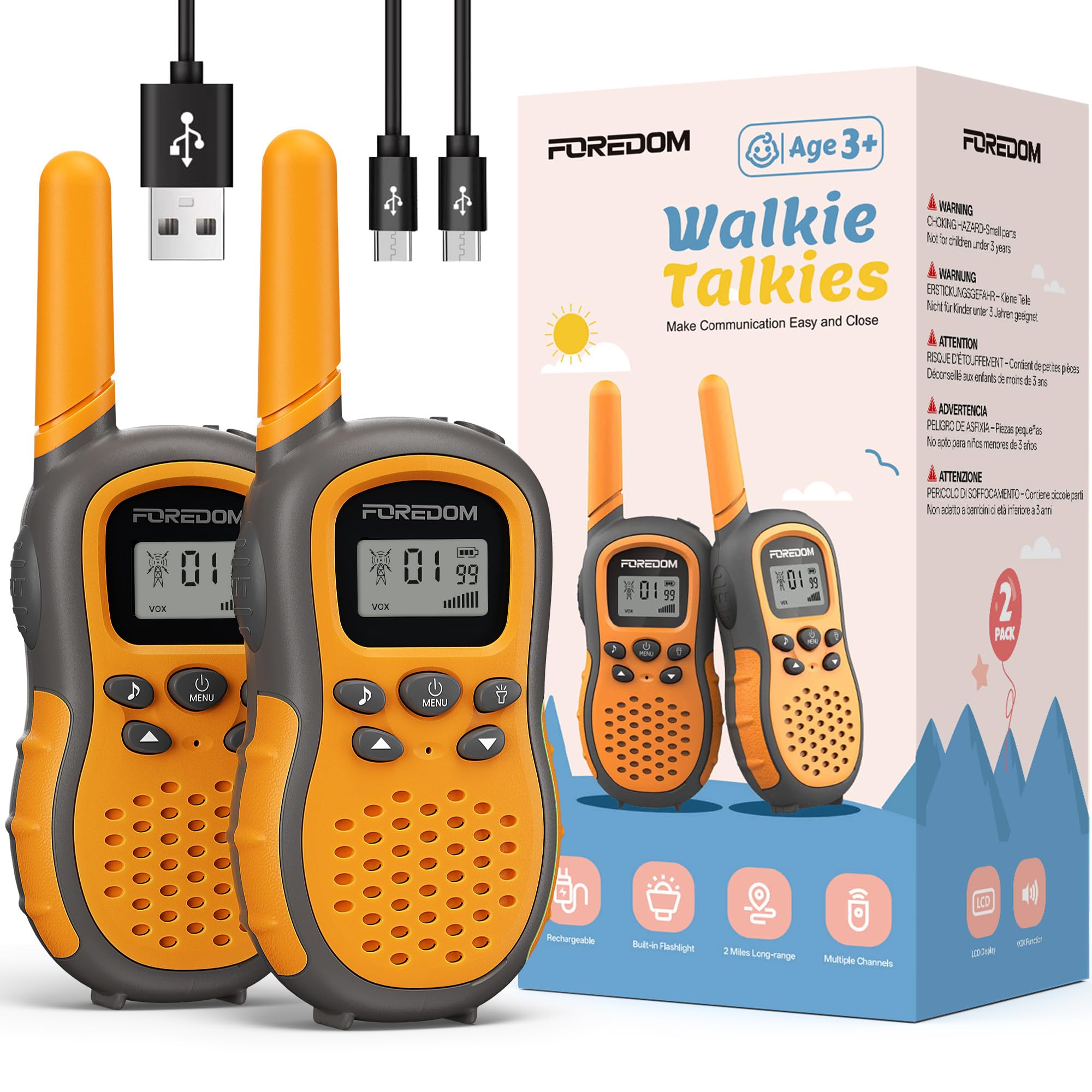 FOREDOM Talkie Walkie Enfants Rechargeable, Talkie-Walkie Longue Portée pour Garçons & Filles de 3-12 Ans avec Lampe, Lot de 2 - Orange