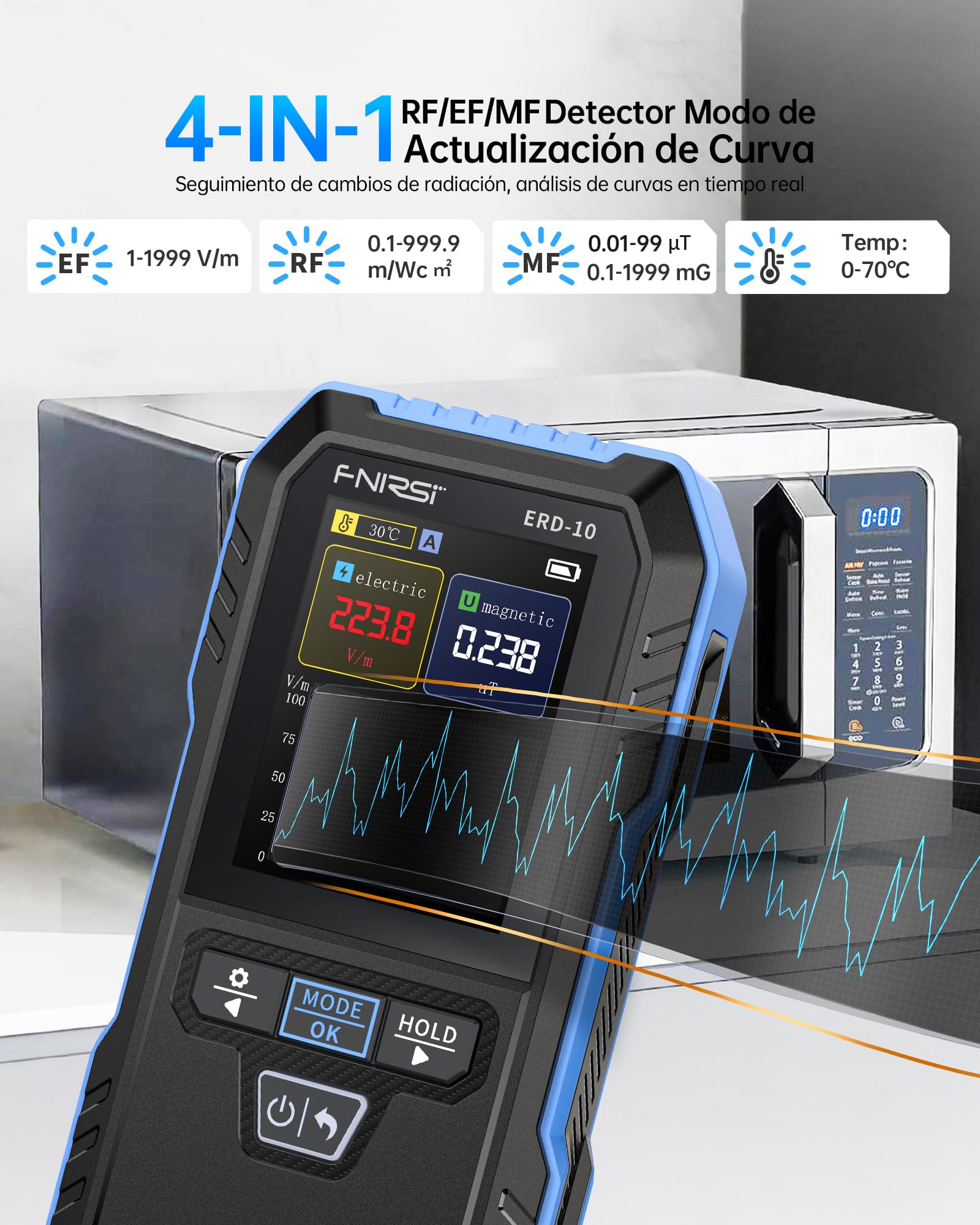 FNIRSI Medidor EMF ERD-10, Detector de Radiación EMF 4 en 1 con Modo de Curva, Lector EMF Recargable, Detector de Radiofrecuencia de Campo Electromagnético Para el Hogar, para Hogar, Oficina, Exterior