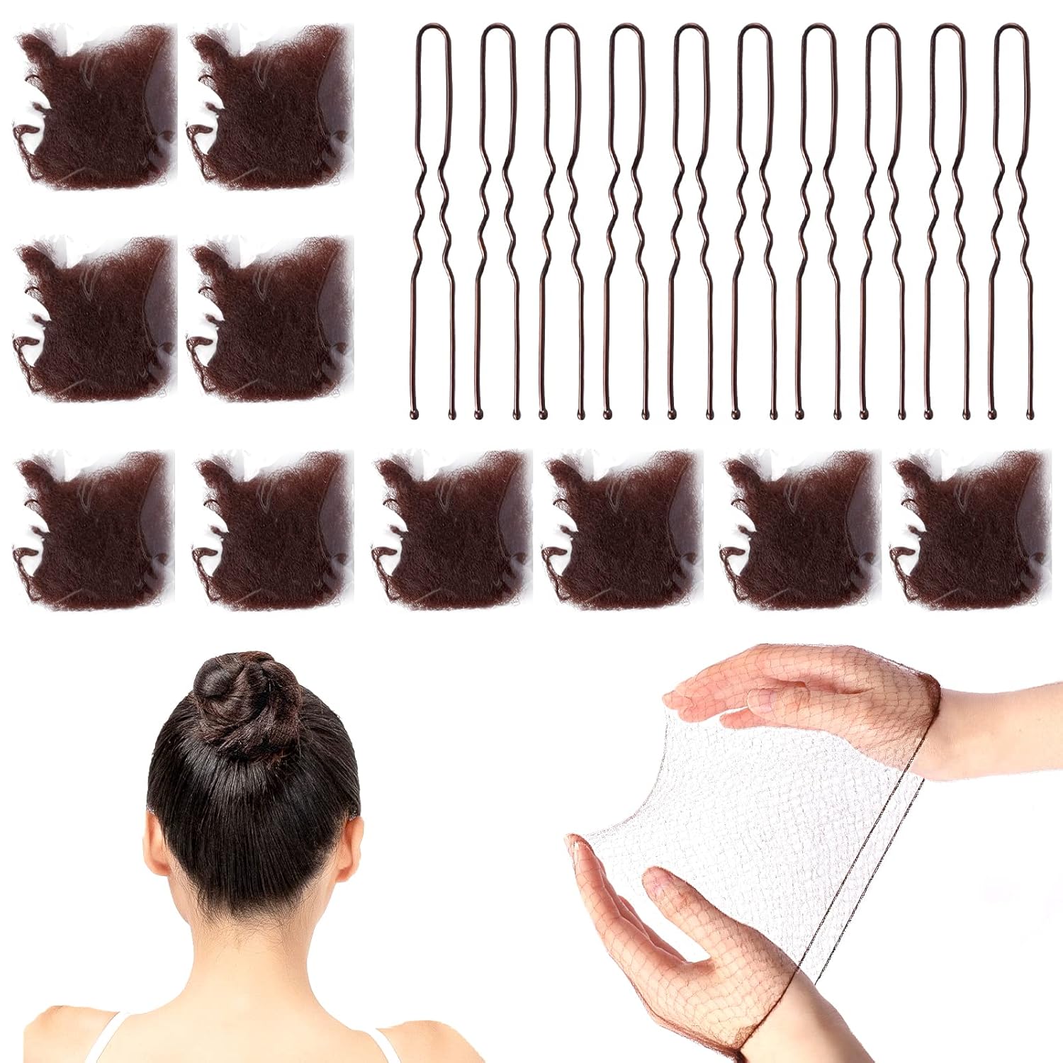 Hair Bun Nets Set with Elastic Edge and UShaped Pins for