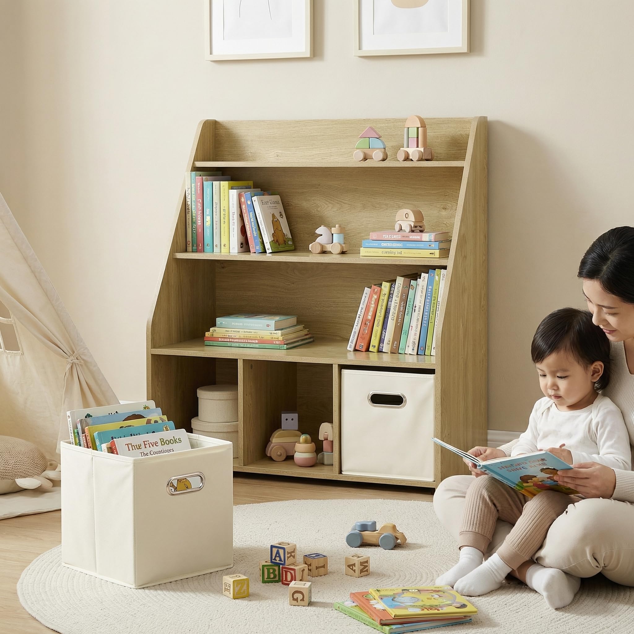 EFURDEN Estantería de Madera para niños con 3 cajones extraíbles, estantería para Juguetes y Libros 3 en 1 para habitación Infantil y Sala de Juegos, estantería de Almacenamiento Montessori