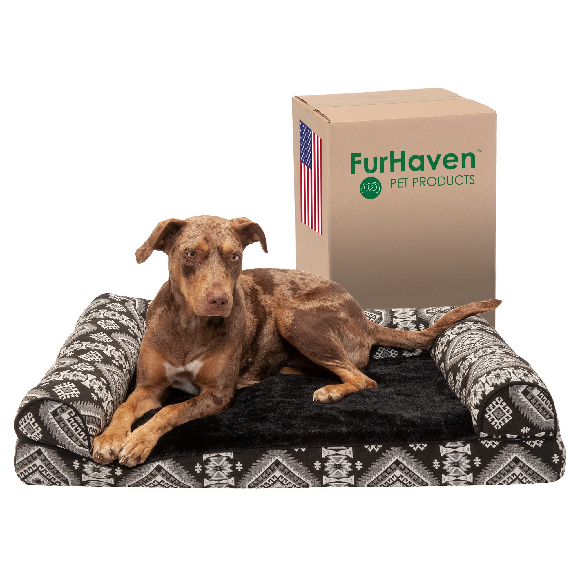 Furhaven Memory Foam Dog Bed for Large/Medium Dogs w/ Removable Bolsters & Washable Cover, For Dogs Up to 55 lbs - Plush & Southwest Kilim Woven Decor