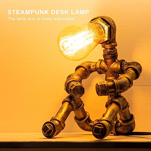 Miniatura 4 de Lámpara de mesa Steampunk, lámpara de mesa de robot industrial vintage, lámpara de mesa de tubería de agua, luz de escritorio estilo robot para