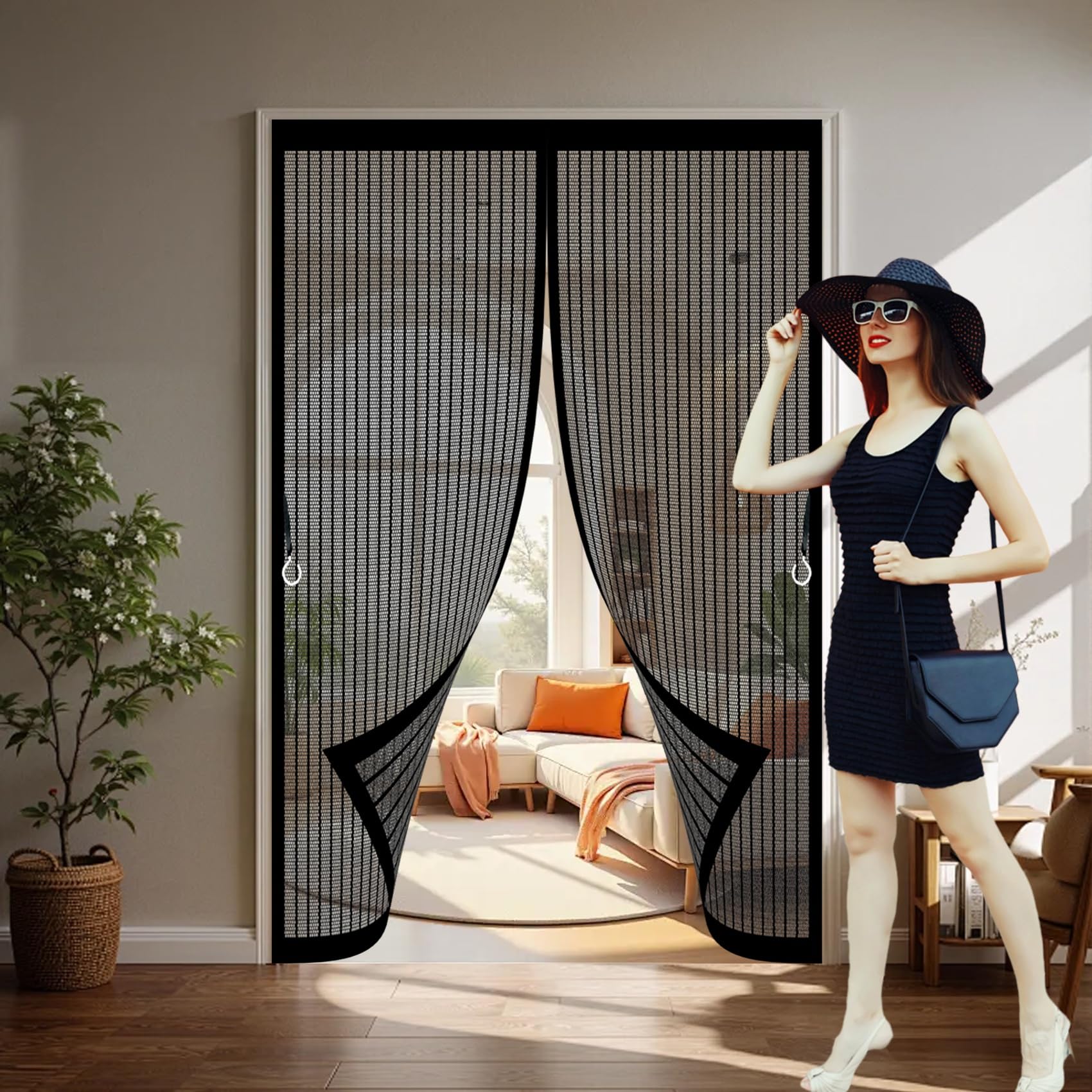 Fly Nets for Doors 198 x 198 cm with Powerful Magnets & Full Frame Magic Tape No Gap, Lets Fresh Air in, Keep Bugs Out Thermal Insulated Door Curtain for Patio Doors Bedroom, Black