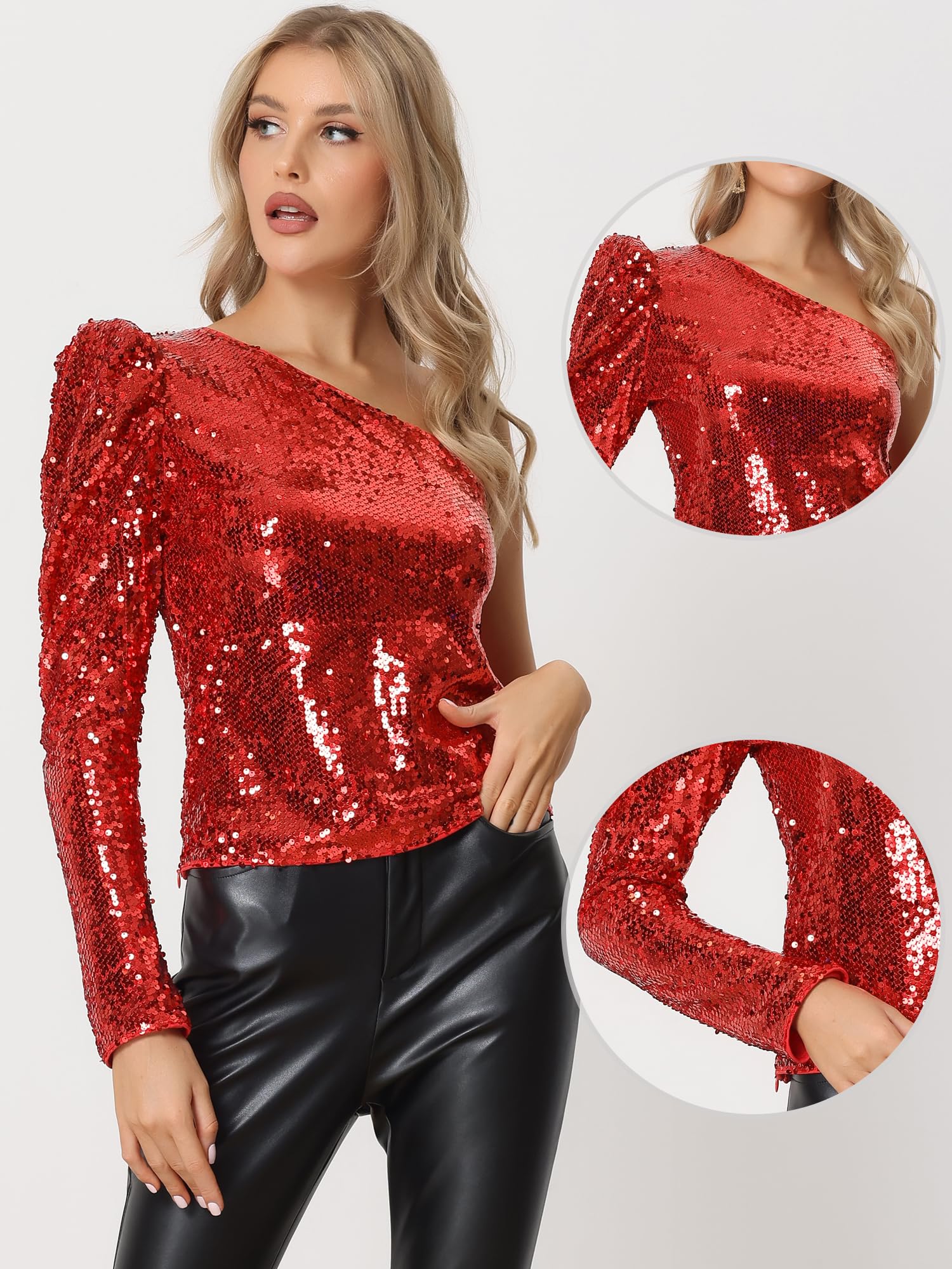 Allegra K Mujer Top de Lentejuelas Brillantes Top Brillantes Manga Larga Hombro Abullonado Disfraz de Halloween