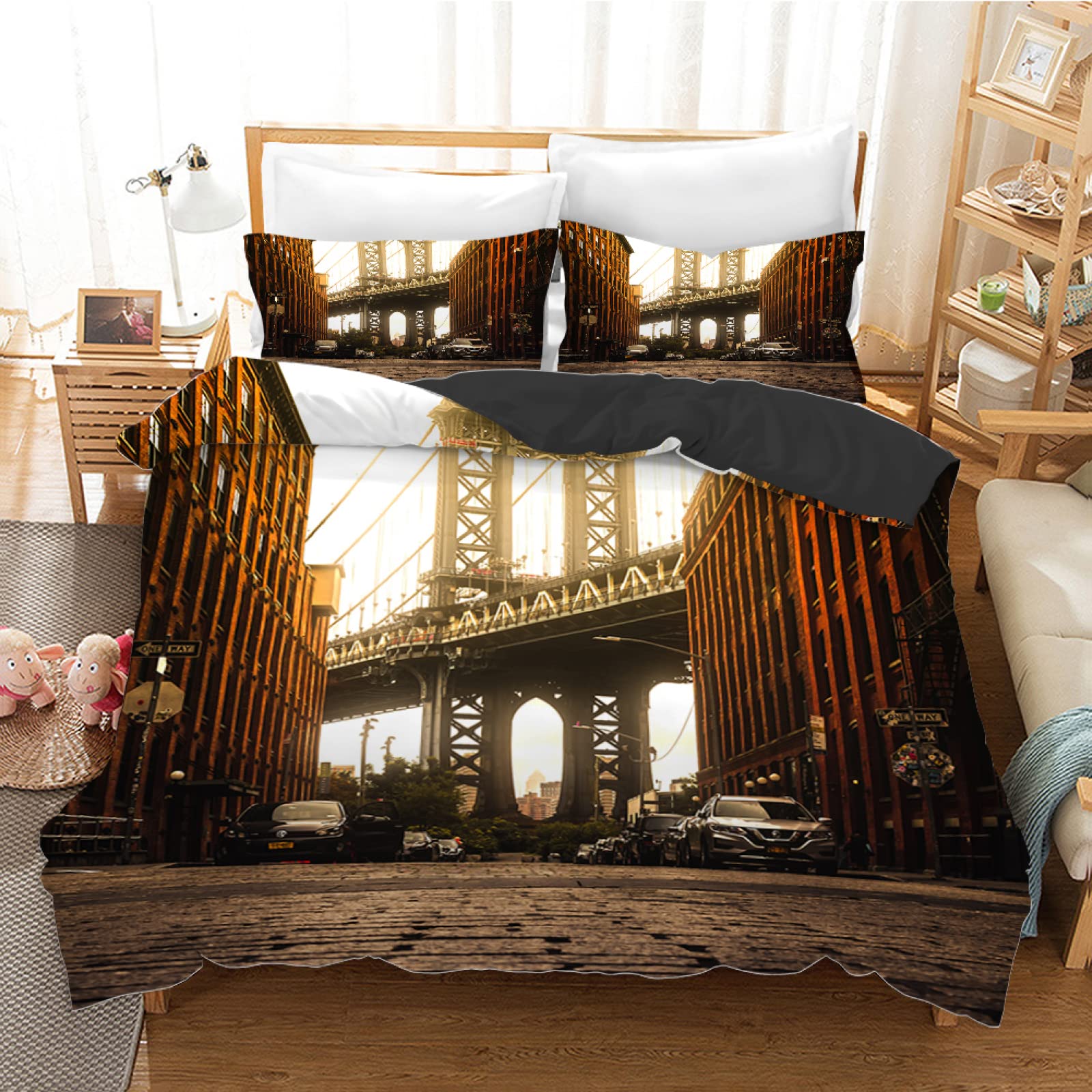Parure de lit 160x200 pour chambre d'ado motif pont jaune en microfibre