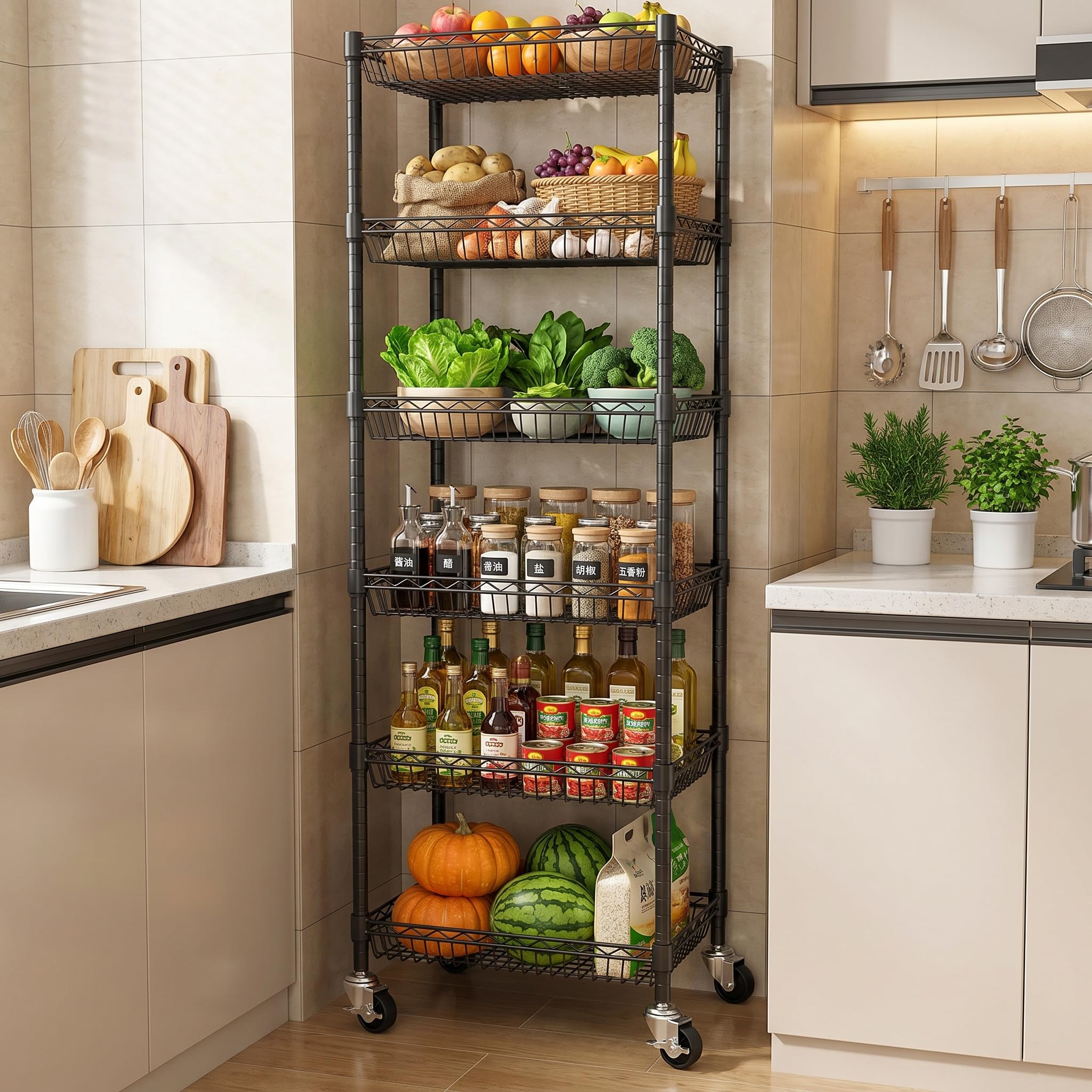 Himimi Étagère Métal 6 Niveaux à Roulettes, Étagère de Rangement Réglable en Hauteur Autoportante, Organiseur à Paniers en Fil Métallique pour Cuisine, Salle de Bain, Chambre, Salon,43×30×165 cm, Noir