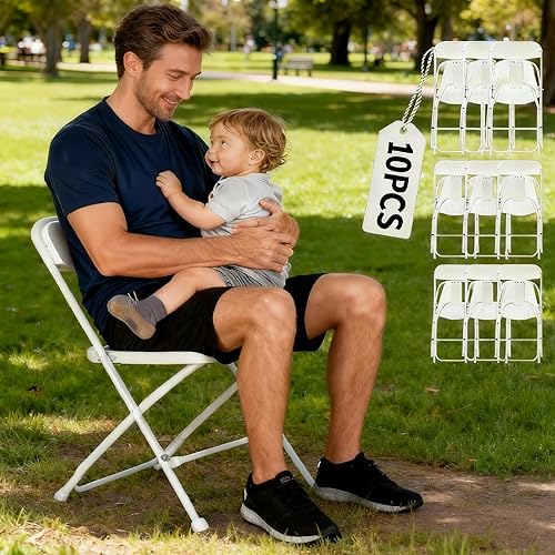 White Folding Chairs 10 Pack, 350LBS Capacity Portable Folding Chair with Steel Frame, Stackable Commercial Chair for Home, Events, Office and