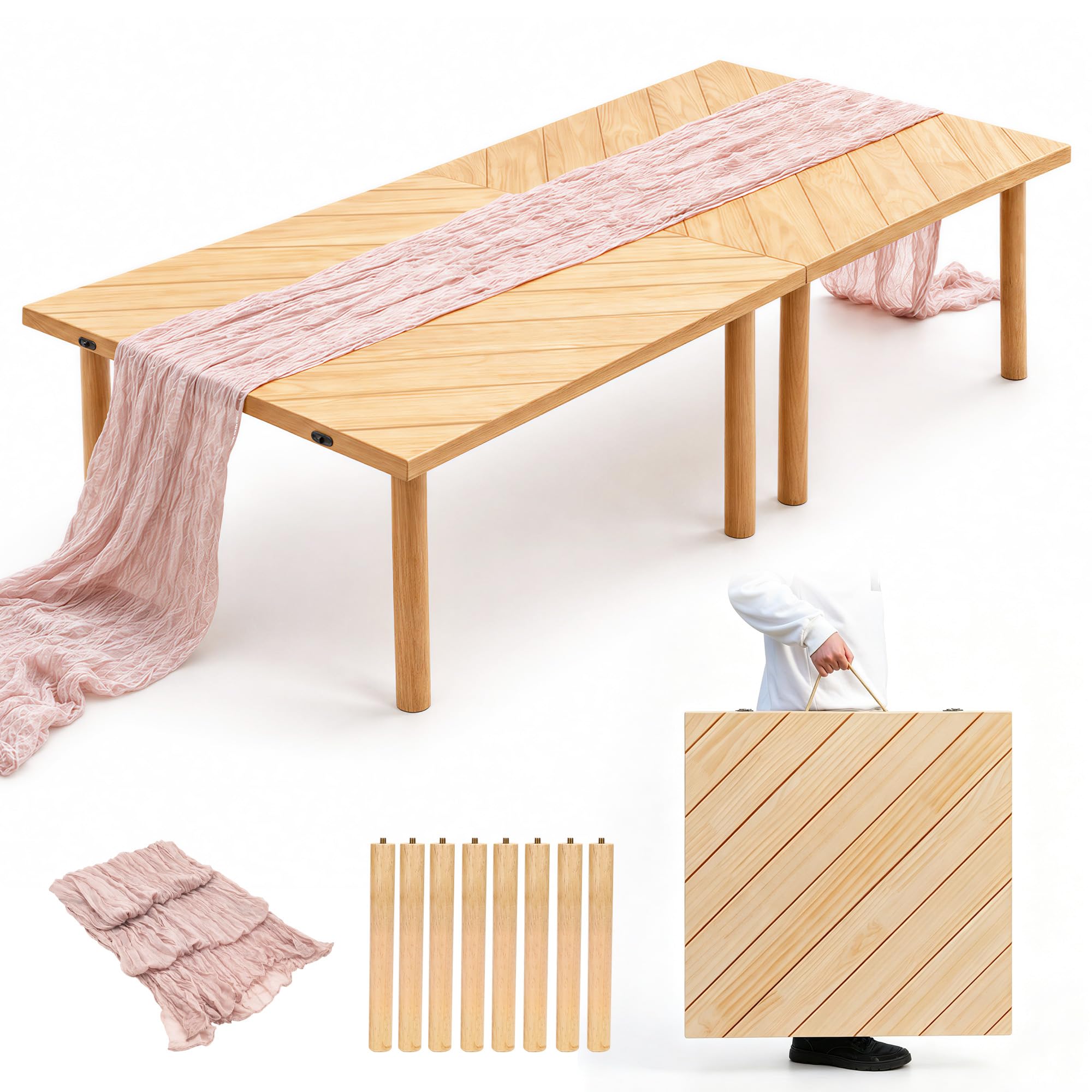 Photo 1 of LITURTOO Folding Picnic Table for Indoor Outdoor, Portable Boho Low Picnic Table with Table Runner, 60" x 30" Wooden Table for Camping, Wedding, Beach, Garden, Party, Seats 6-8 People