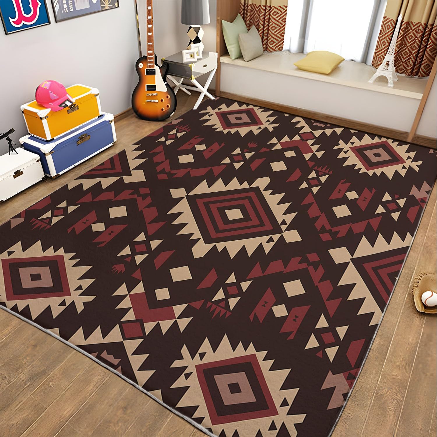 Tapis Chambre Traditionnel Motif Aztèque Rouge Profond Tapis de Salon 80x150 cmTapis de Salon Doux à Poils Courts Tapis Antidérapant Intérieur Moelleux pour Salon Chambre Salle à Manger Bureau