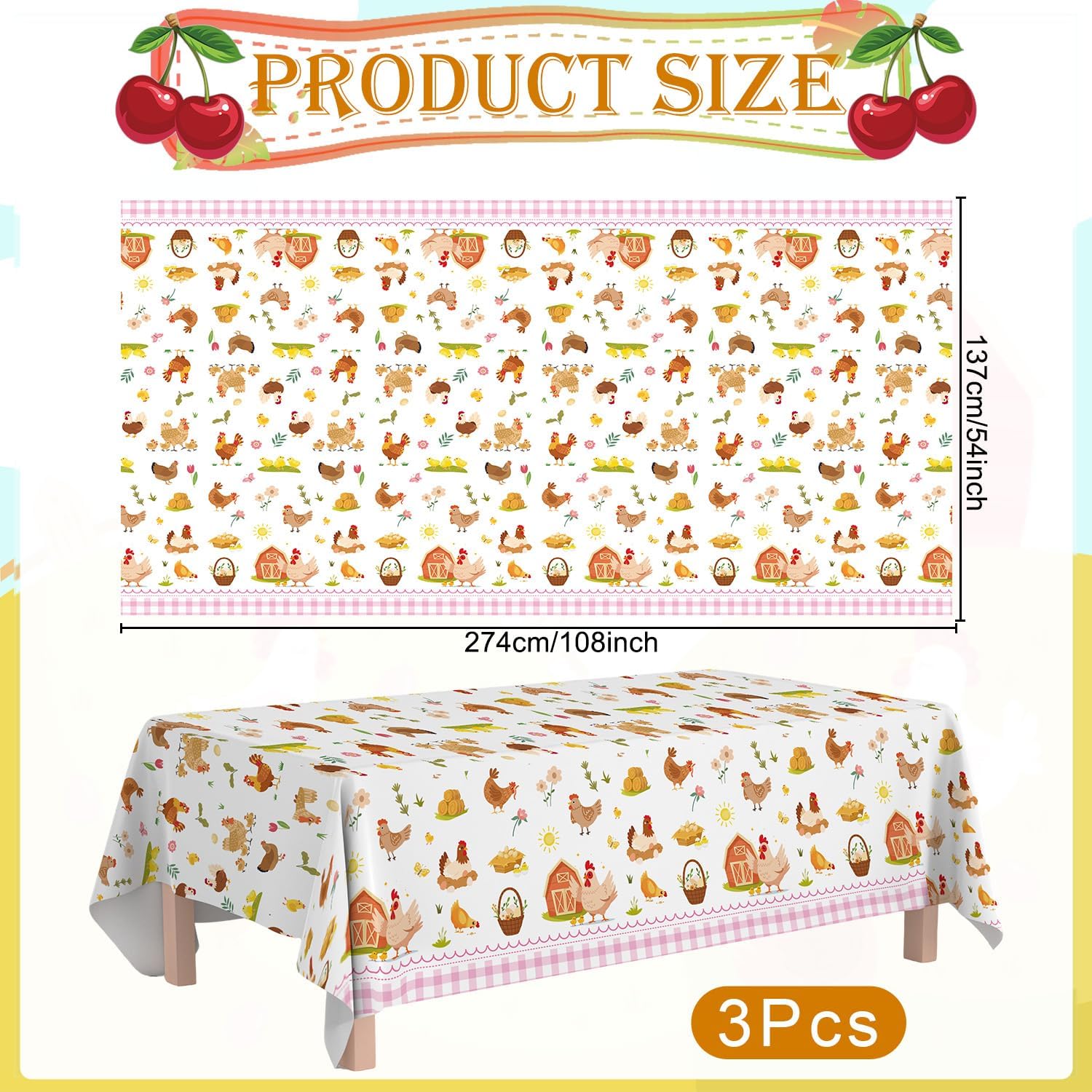 This Chick is One Birthday Decorations Plastic Tablecloth - 3 Pack Farm Animal Barnyard Little Chicks Birthday Party Supplies Table Cover for Baby Shower, 108x54 Inch