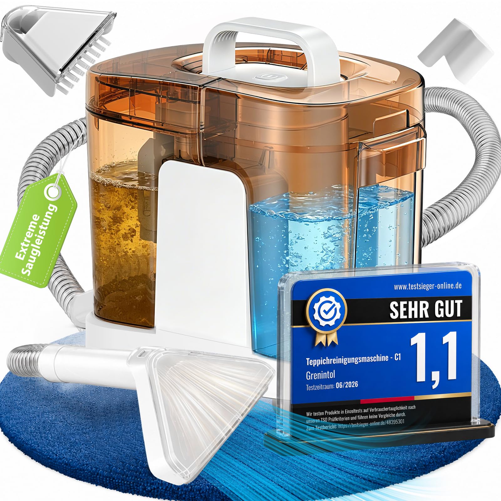Limpiador de Tapicerias 17kPa Aspiradora de Agua Tapiceria 600W Maquina Limpia Tapicerias para Sofas Alfombras Coche Colchones y Mascotas con Autolimpieza,Depositos Extraibles,Tubos flexible (Marrón)