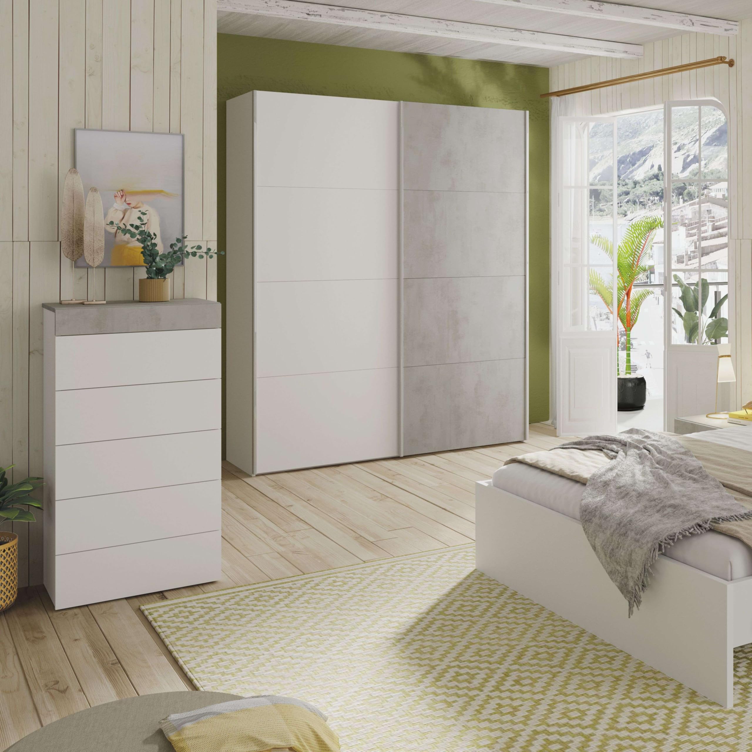 Habitdesign – Cómoda Sinfonier con 5 Cajones, Comoda Moderna para Dormitorio, Sinfonier Vestidor, Color Blanco Artik y Gris Cemento, 118x61x40 cm - Modelo Tekkan