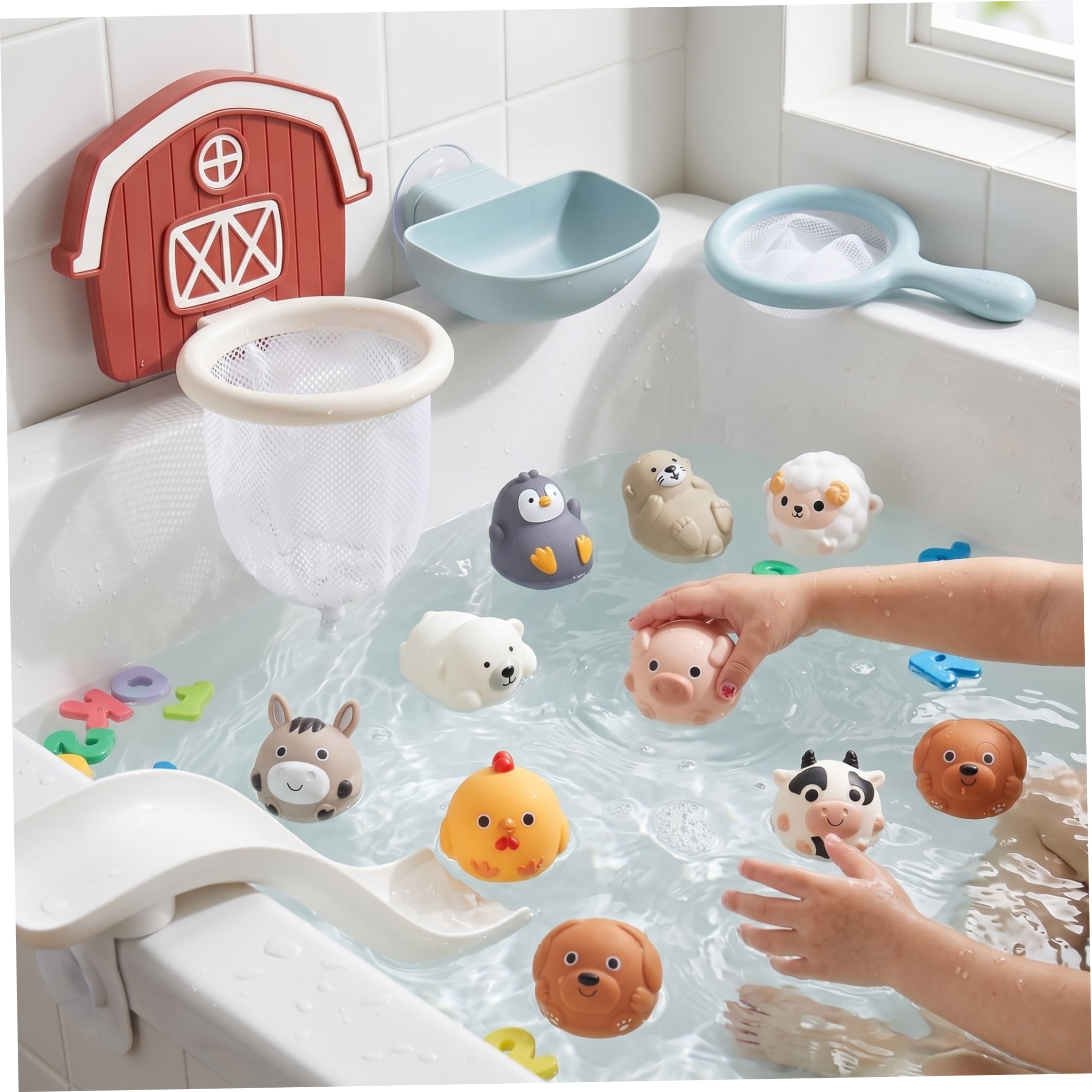 Juguetes de piscina para niños pequeños de 1 a 3 años juguetes de baño para niños juego de 13 piezas con tobogán de baño con animales flotantes aro y red juego interactivo de bañera para bebés niñas y