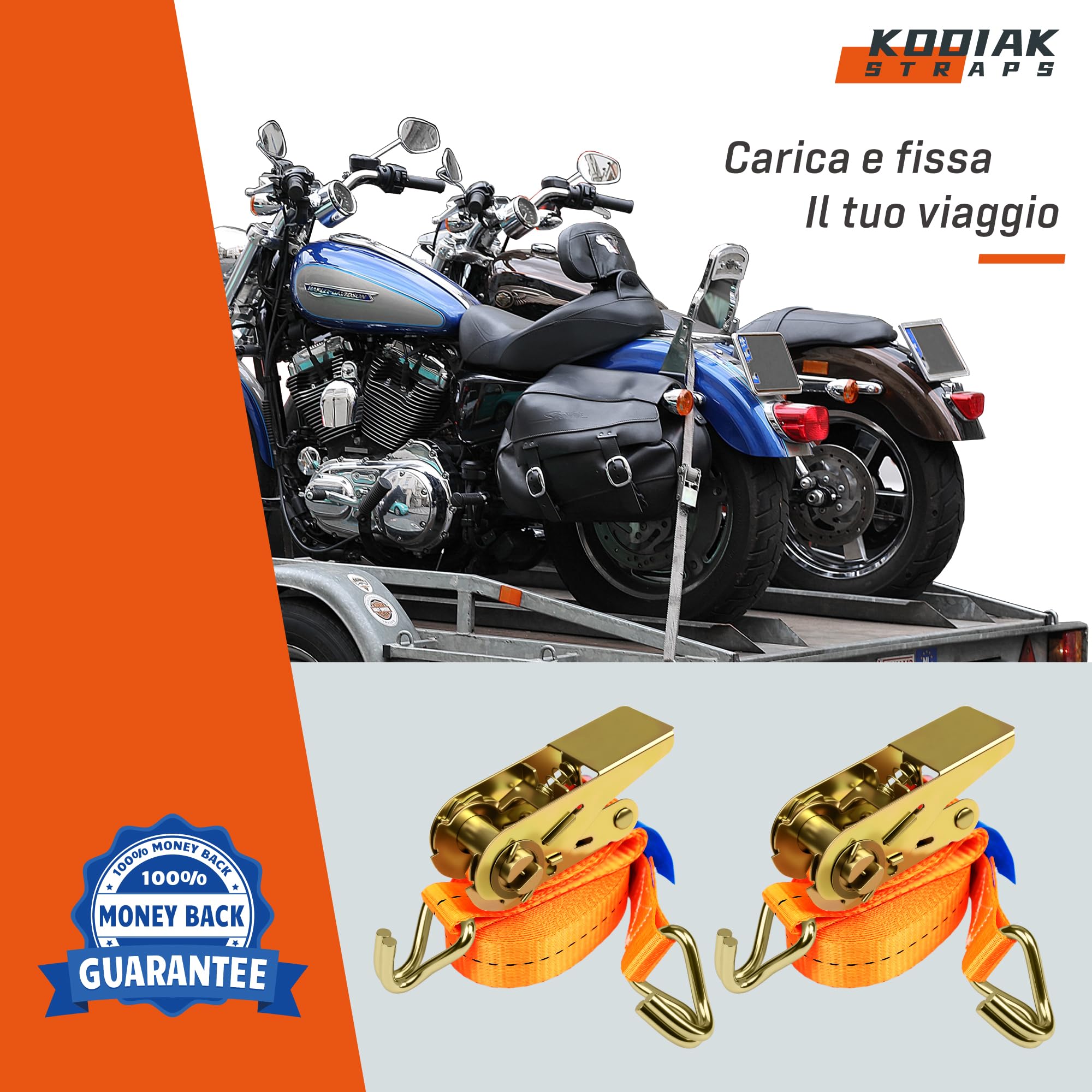 10 Cinghie di Tensione 4m x 1000kg con Cricchetto e Gancio - Cinghie a Cricchetto da 25mm - Cinghia Arancione per la Sicurezza del Carico - Certificato TÜV/GS e secondo DIN EN 12195-2 - KODIAK STRAPS