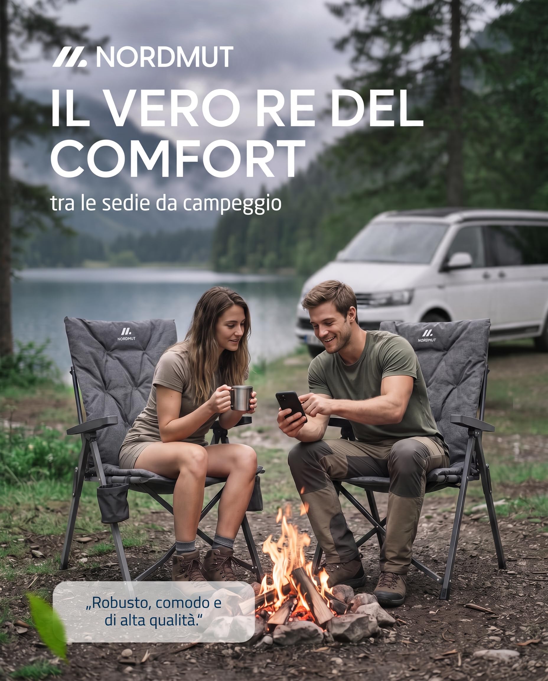 NORDMUT® Sedia da campeggio premium pieghevole con schienale alto – regolabile in 4 posizioni – Comoda sedia da giardino con portata 140 kg per campeggio e outdoor (Grigio cenere 1x)