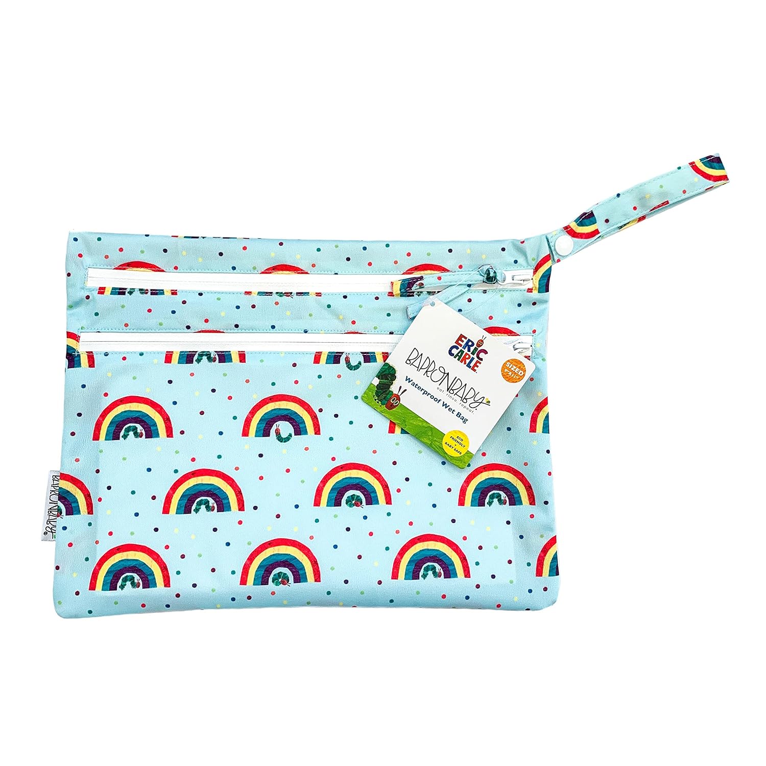 BapronBaby Eric Carle Bug World Wet Dry Bag - Waterproof Two Zipper Pockets - Reusable for Mealtime, Diapers, Stroller, Snacks, Swimsuits - Machine Washable - 11" x 9"