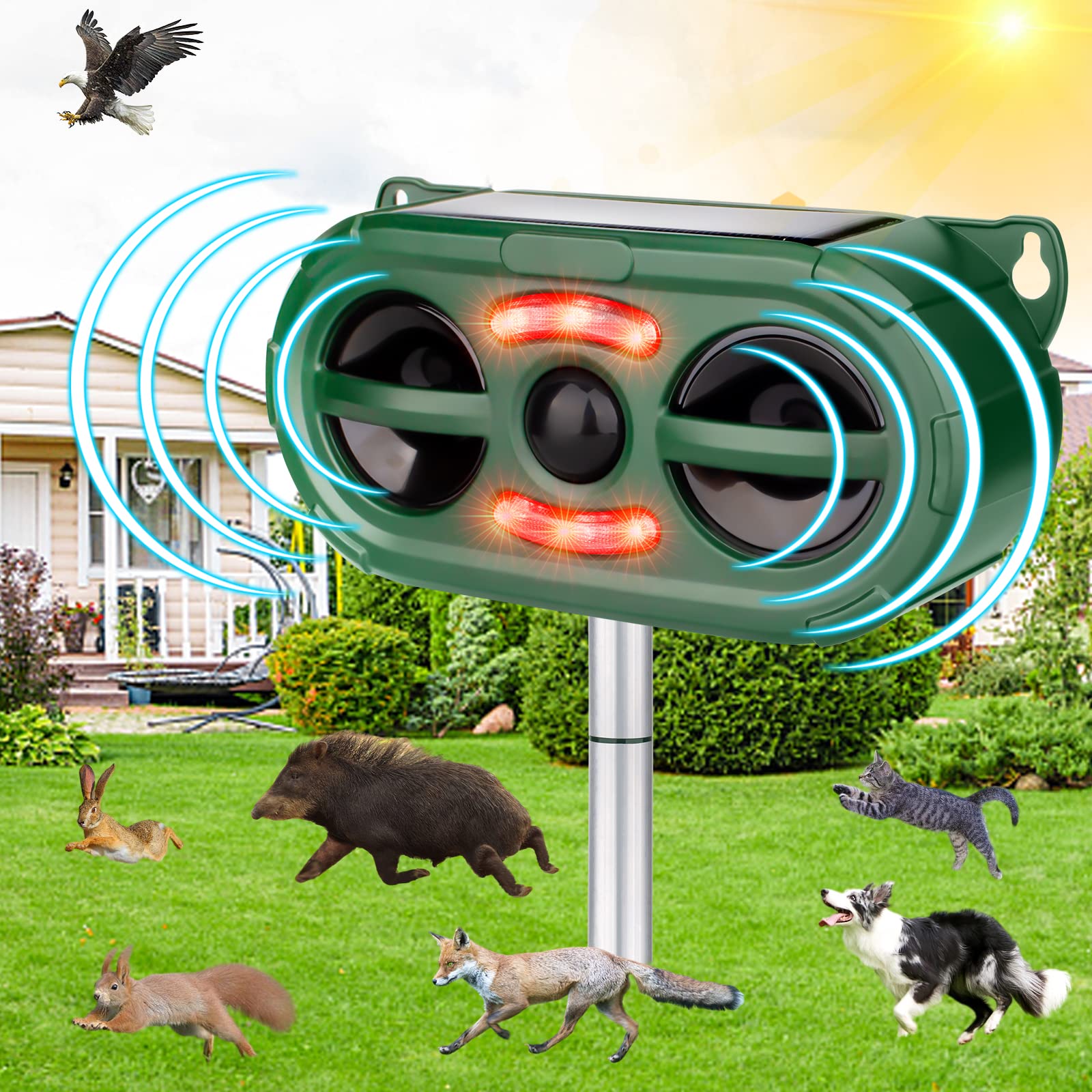 Amazon Com 超音波太陽能動物驅趕器超音波驅蟲器戶外附運動感應器和led 燈報警器超音波動物驅趕狗貓鹿松鼠狐狸鳥保護花園農場