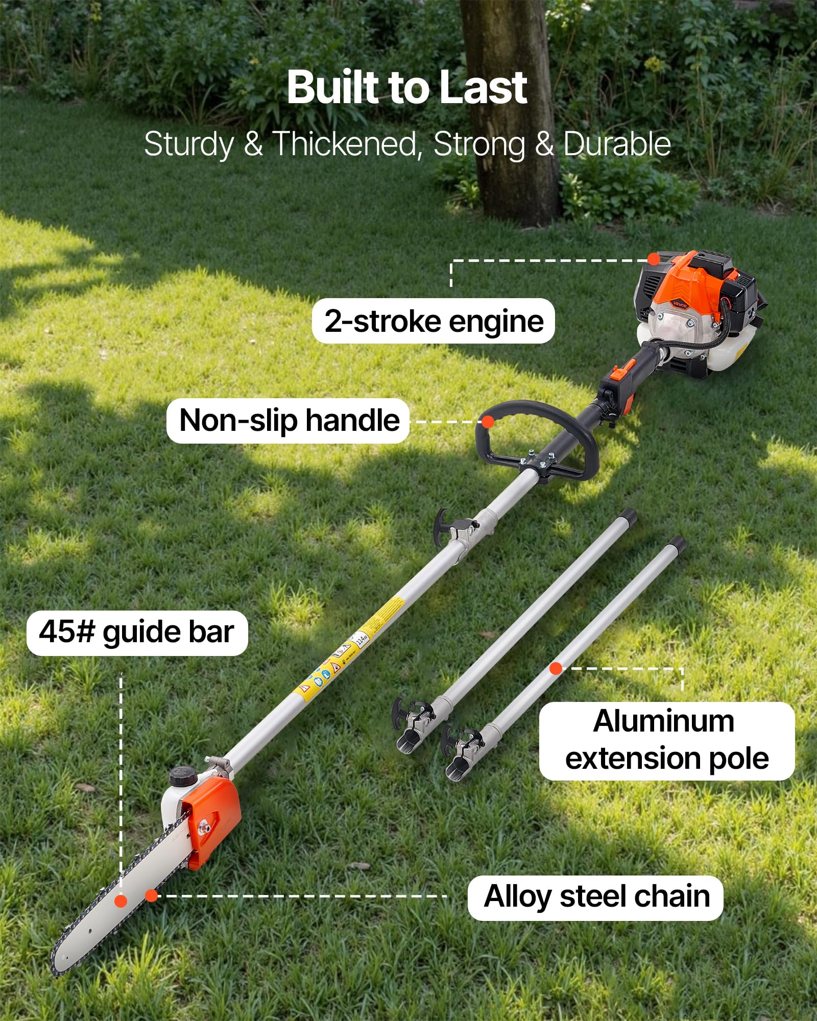 VEVOR Élagueuse Thermique sur Perche à 2 Temps, 25 cc, Élagueuse sans Fil à Essence, avec Perche Extensible 2,12-3,62 m, Guide-chaîne 30,5 cm, Réservoir de Carburant 650 ml, pour Élagage des Arbres