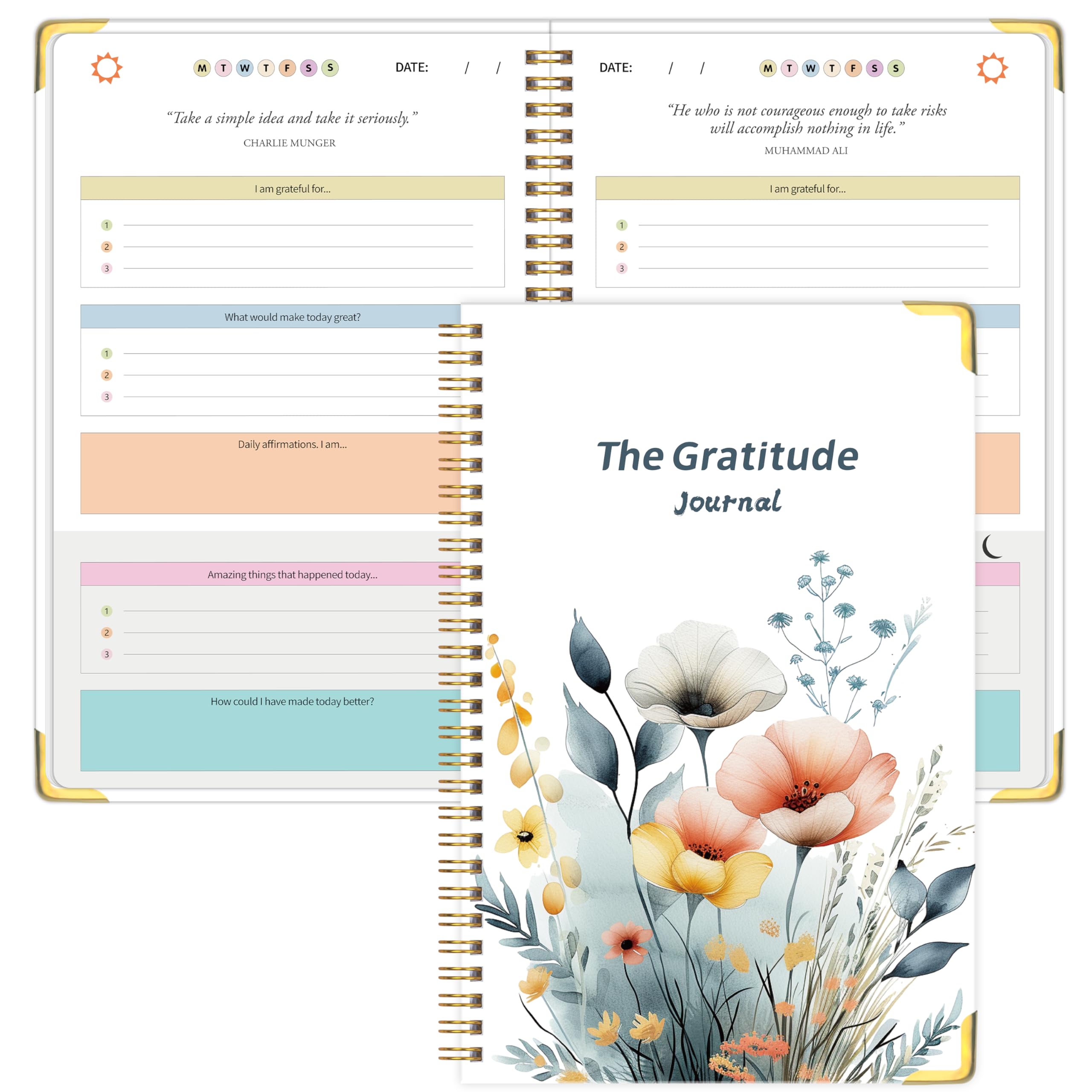 Gratitude Journal for Women Men, Undated Daily Gratitude Journal Spiral with Prompts & Quotes for Self Care, Happiness, Affirmation and Mindfulness, Hardcover, 5.9"x8.6"