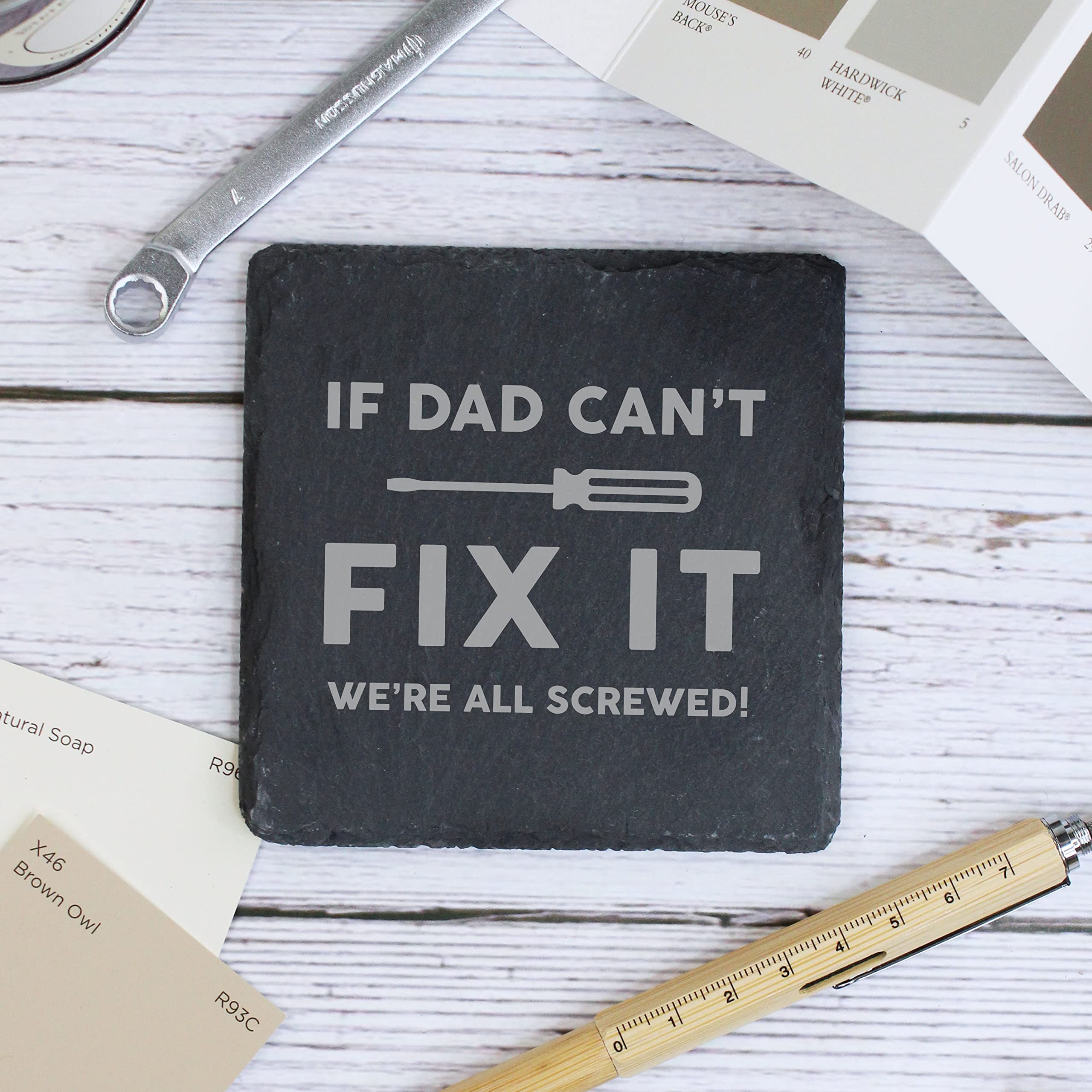 eBuyGB Engraved Square Slate Coaster "If Dad Can't Fix It We're All Screwed" Coaster, Drinks Mat, Funny Gifts for Dad from Daughter, Son…