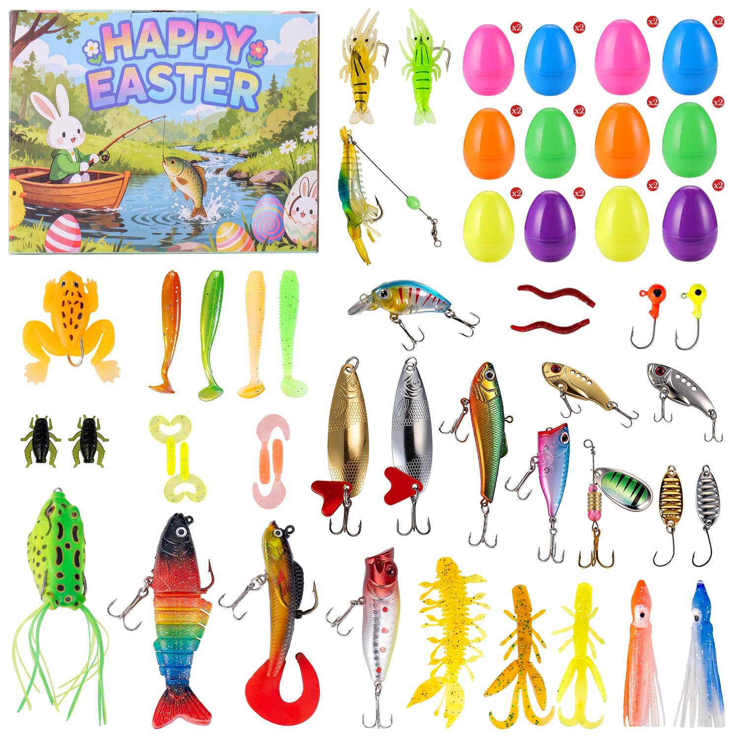 Fishing Easter Basket Stuffers for Teens Boys Men, Easter Fishing Lure Eggs | Gifts for Fisherman Adults Dad, Includes 24 PCS Plastic Eggs & 37 PCS Fishing Lures