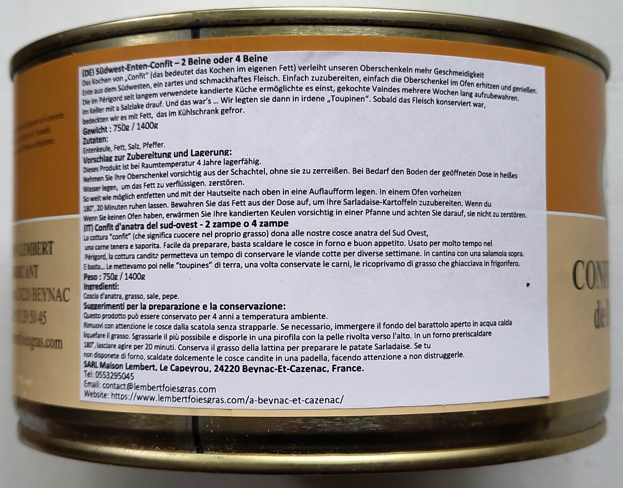 Maison Lembert, Les artisans conserviers - DUCK CONFIT 4 LEGS/Anatra Confit 4 Gambe di Sud-ovest - lattina di 1400 gr