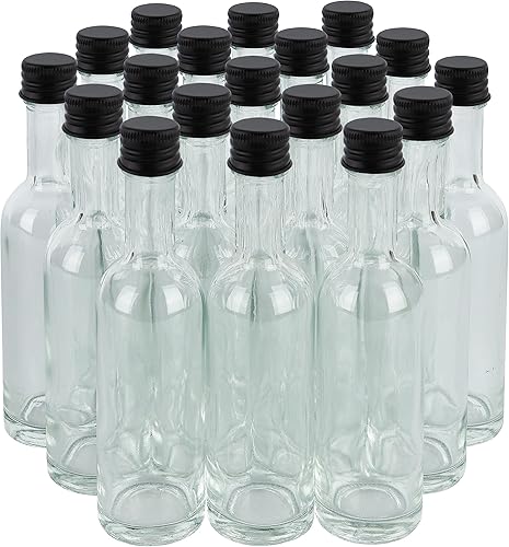 Mini botellas de vidrio pequeñas de 1.7 fl oz con tapa de aluminio y termorretráctiles, paquete de 24 (tapas negras) para bebidas de salsas de licor