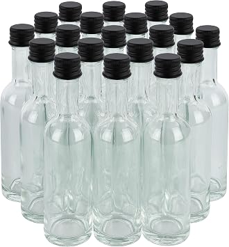50 ml Mini Small Glass Bottles With Aluminum Lid and Heat Shrinks 24 Pack Black Caps for Liquor Sauce Party Favors Beverage