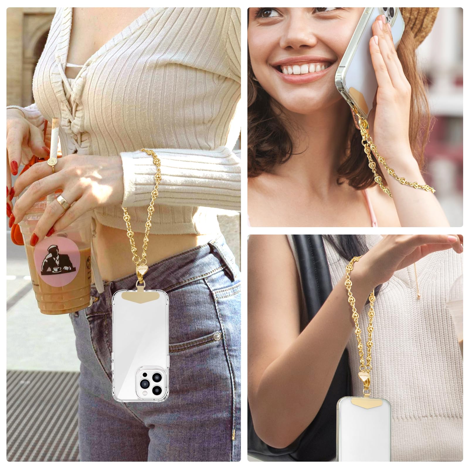 Casecond 2 Pcs Phone Charm With Gold Metal Chain Detachable Phone Lanyard Hand Wrist Strap Wristlet Adjustable Phone Grip Strap With 3 Patches Tether Universal For IPhone 16 Pro Max 15 - View #2