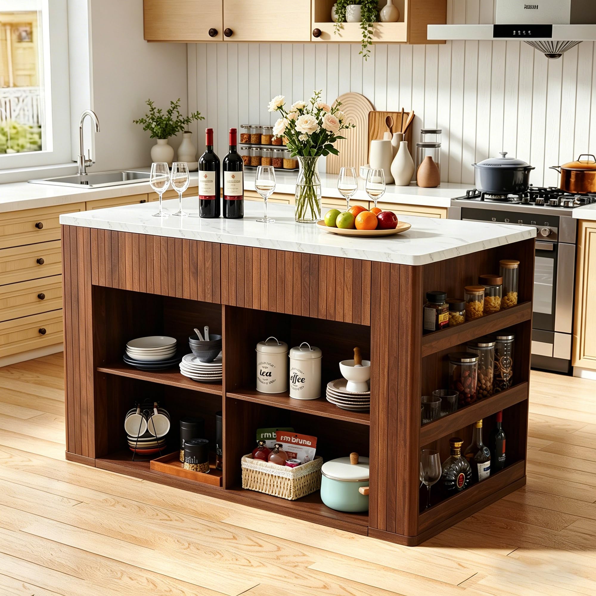59" Kitchen Island with Storage &amp; Seating for 2, Modern Stationary Kitchen Island with Faux Marble Top, 2 Drawers, Open Shelves &amp; 5 Hooks, Counter Height Prep Table for Dining &amp; Kitchen (Walnut)
