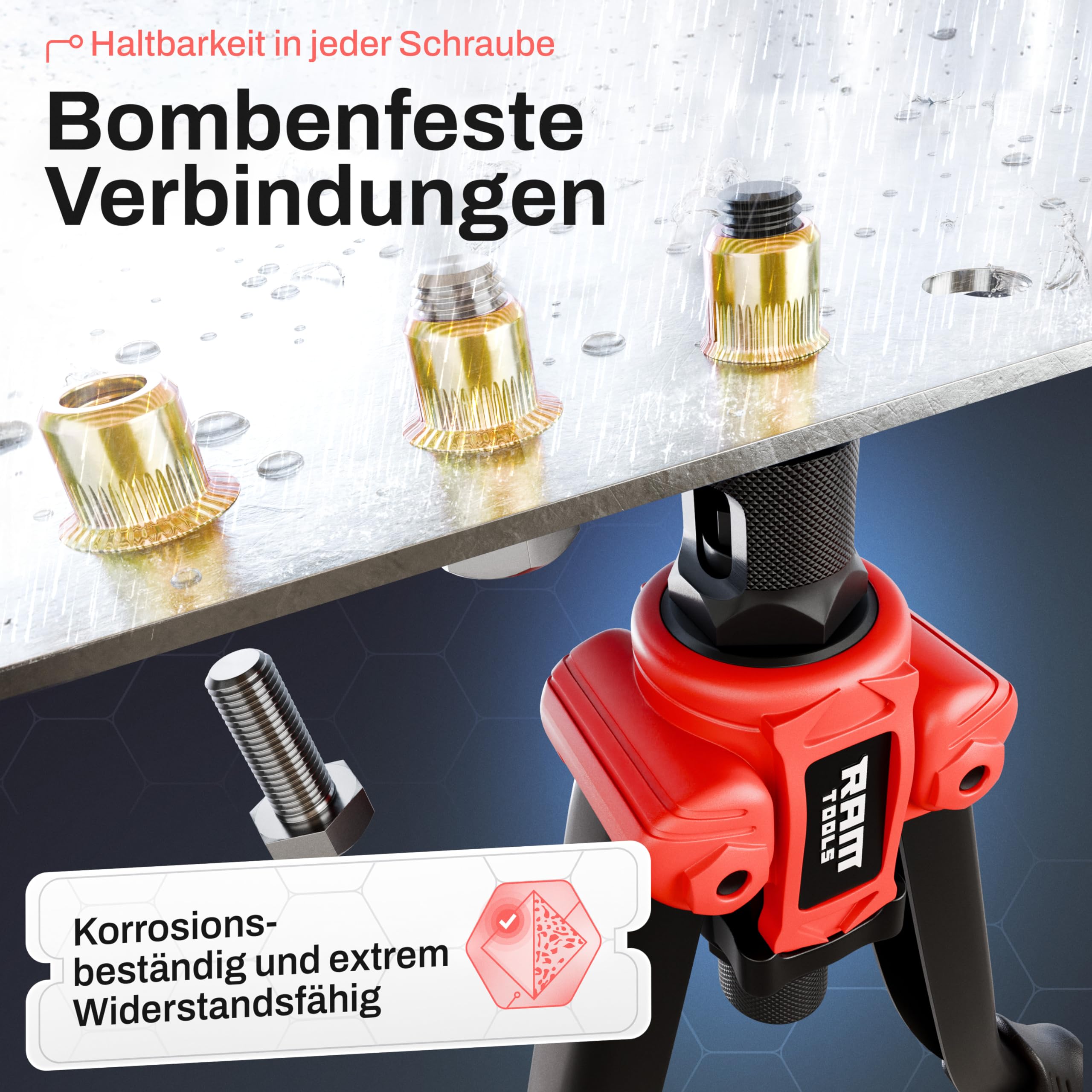Nietmutternzange, Nietzange Set inkl. 70 Nietmuttern, MIT Bohrloch/-größentabelle, Dorne in M3 M4 M5 M6 M8 M10 M12, Profi Blindnietmutternzange
