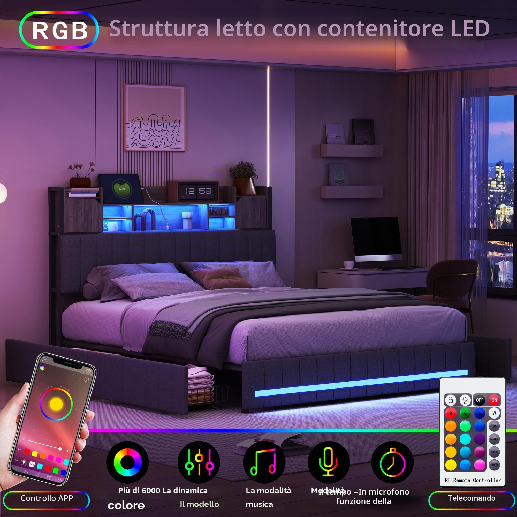 LIVLUX Letto 160 x 200 con Sommier LED e USB, Letto Matrimoniale Imbottito con Sommier a Doghe e 4 Cassetti, Testiera con Spazio di Archiviazione, 2 Posti per Adulti e Adolescenti, Lino (Grigio, 160 x