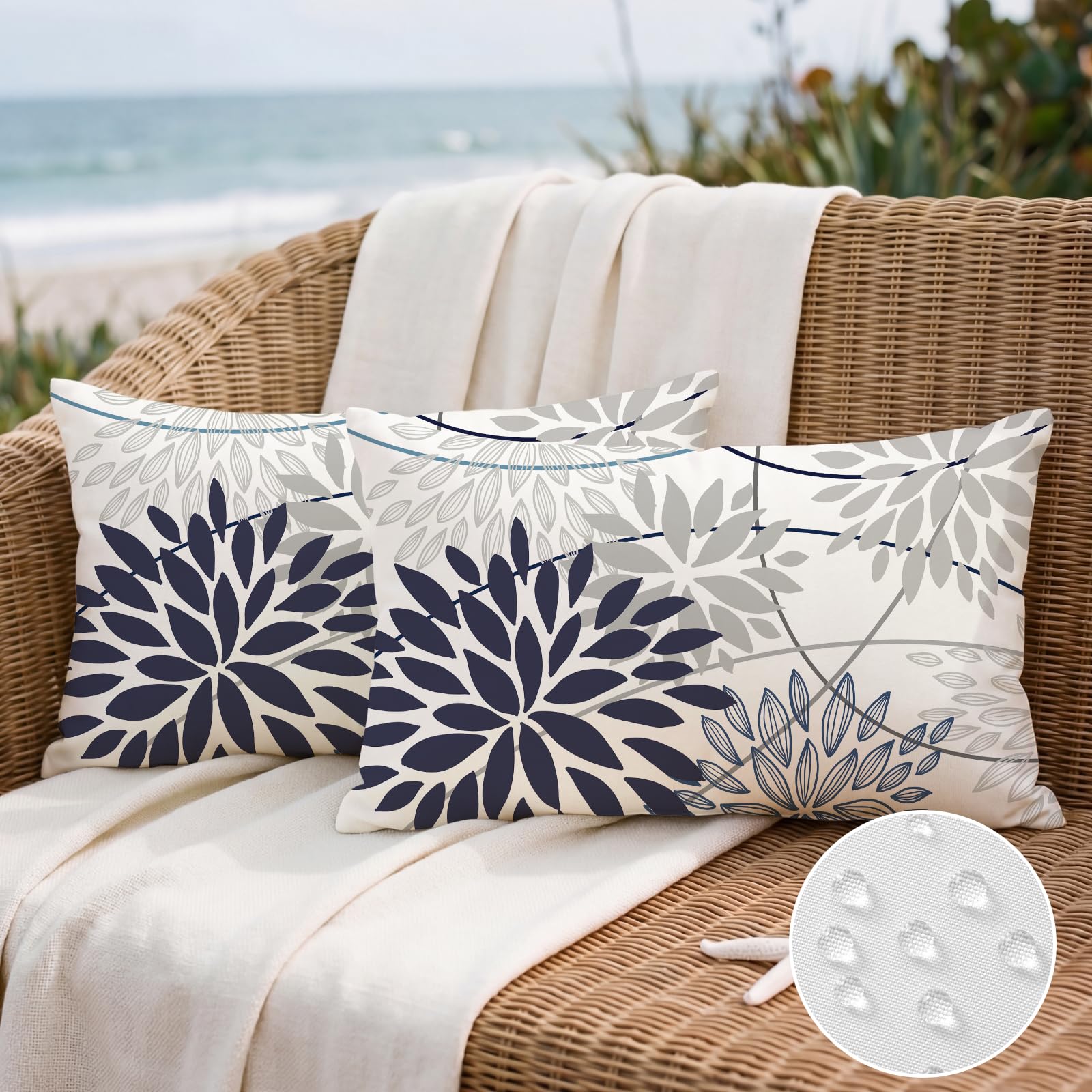 Artscope Outdoor Waterproof Dark Blue Light Gray Cushion Covers Geometric 30x50cm Set of 2 Dahlia Floral Pillowcases Outdoor Flowers Pillow Covers for Patio Garden Bench Sofa Farmhouse Decor