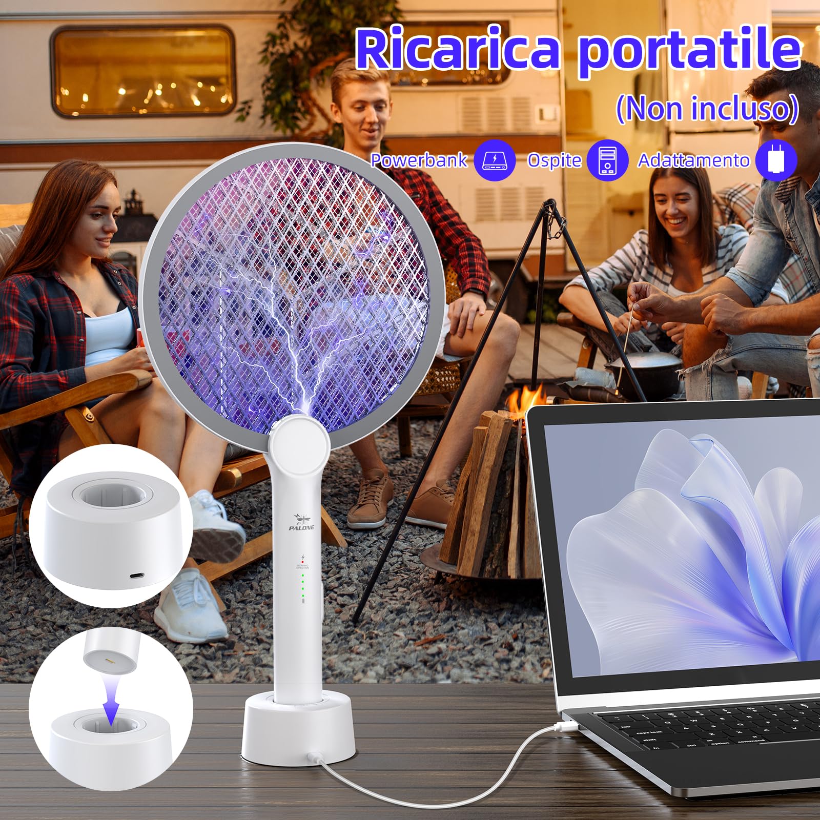 PALONE Racchetta Zanzare Elettrica, Ricaricabile 4000V Racchetta Zanzare Elettrico con USB C, Protezione Maglia a 3 Strati, Antizanzare per Casa Campeggio Interni ed Esterni