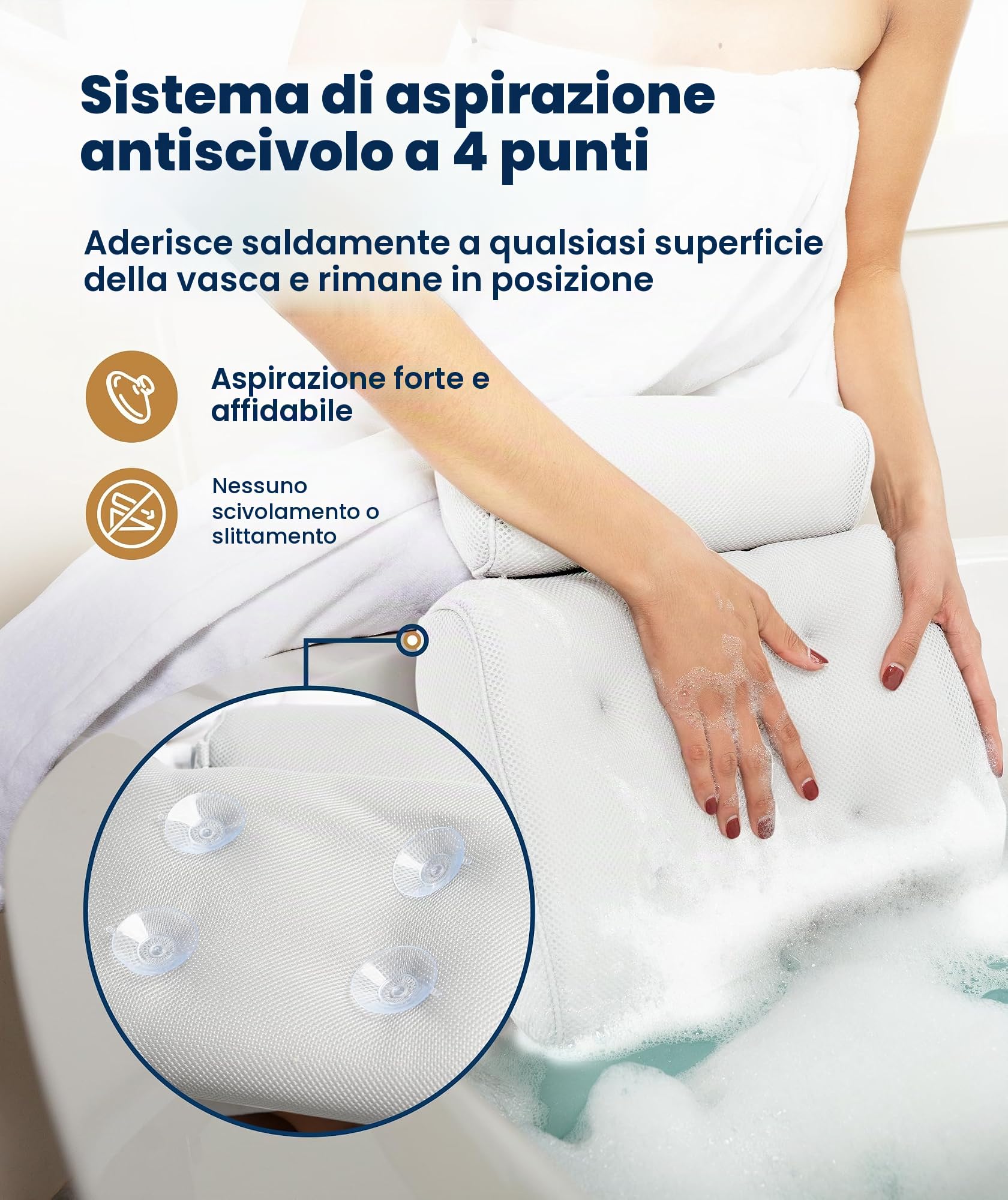 Everlasting Comfort Cuscino vasca da bagno di lusso per testa, collo e schiena – Cuscino antiscivolo con ventose, mesh ad asciugatura rapida e gancio (Bianco)