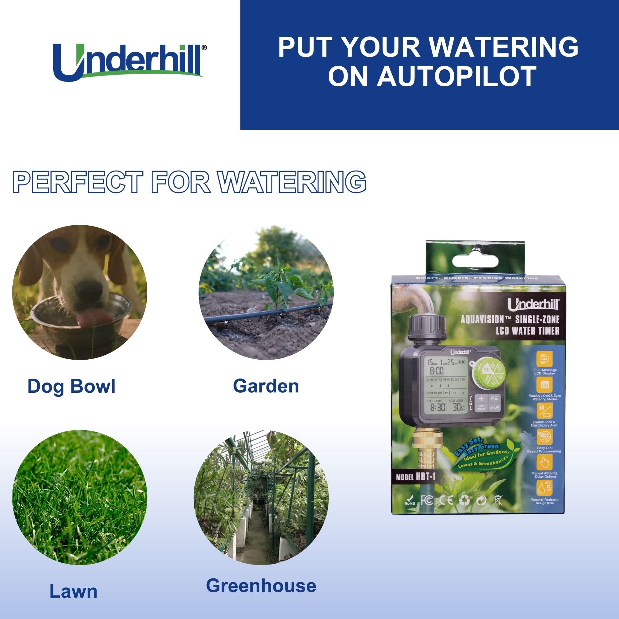 Underhill Aquavision - Timer digitale per irrigazione a zona singola o doppia, timer per irrigazione rubinetto esterno facile (timer digitale a doppia zona)