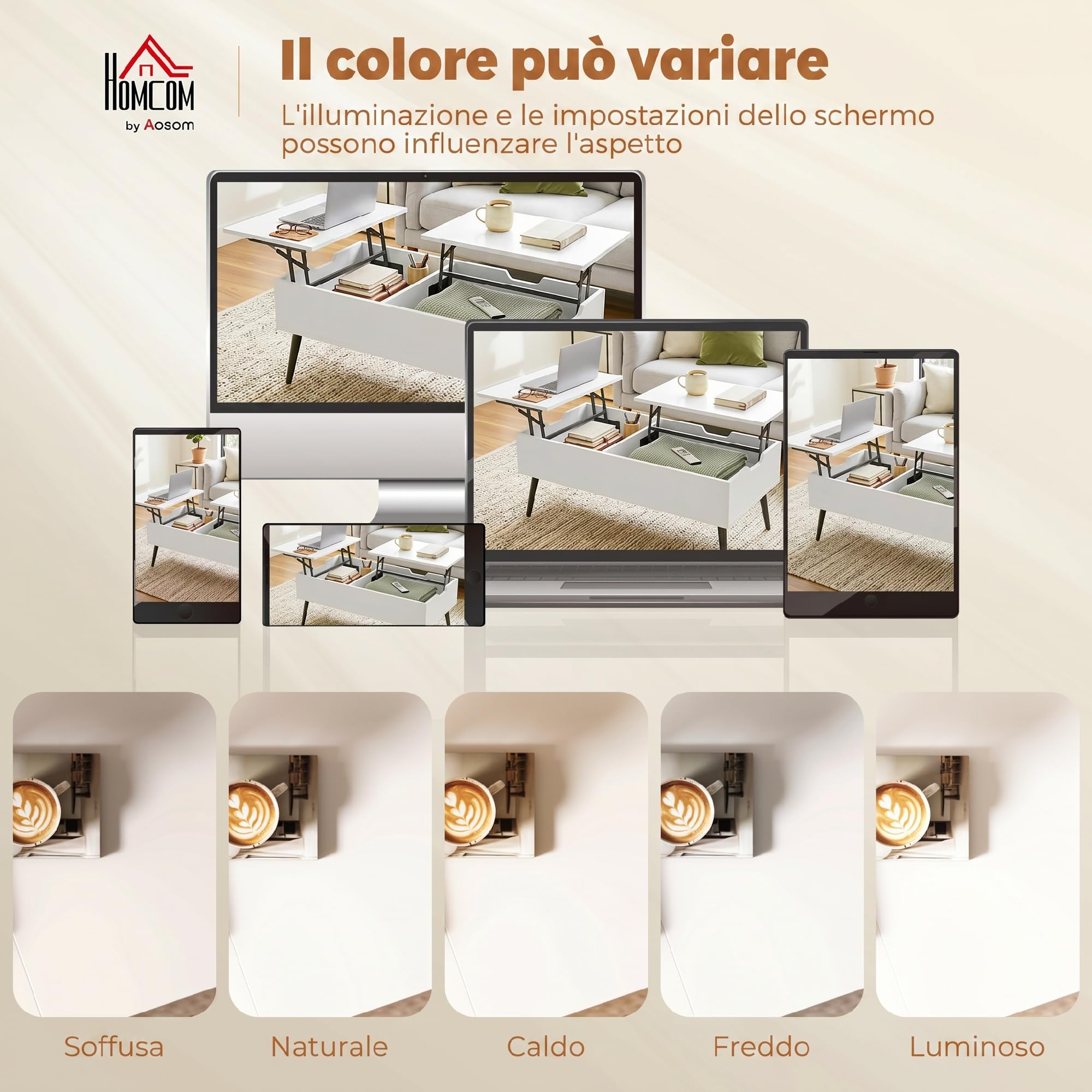 HOMCOM Tavolino da Caffè Sollevabile Salotto 100x50x43.6-58 cm Bianco | Doppio Piano, Vano Nascosto, Gambe in Metallo, Soggiorno Casa Ufficio