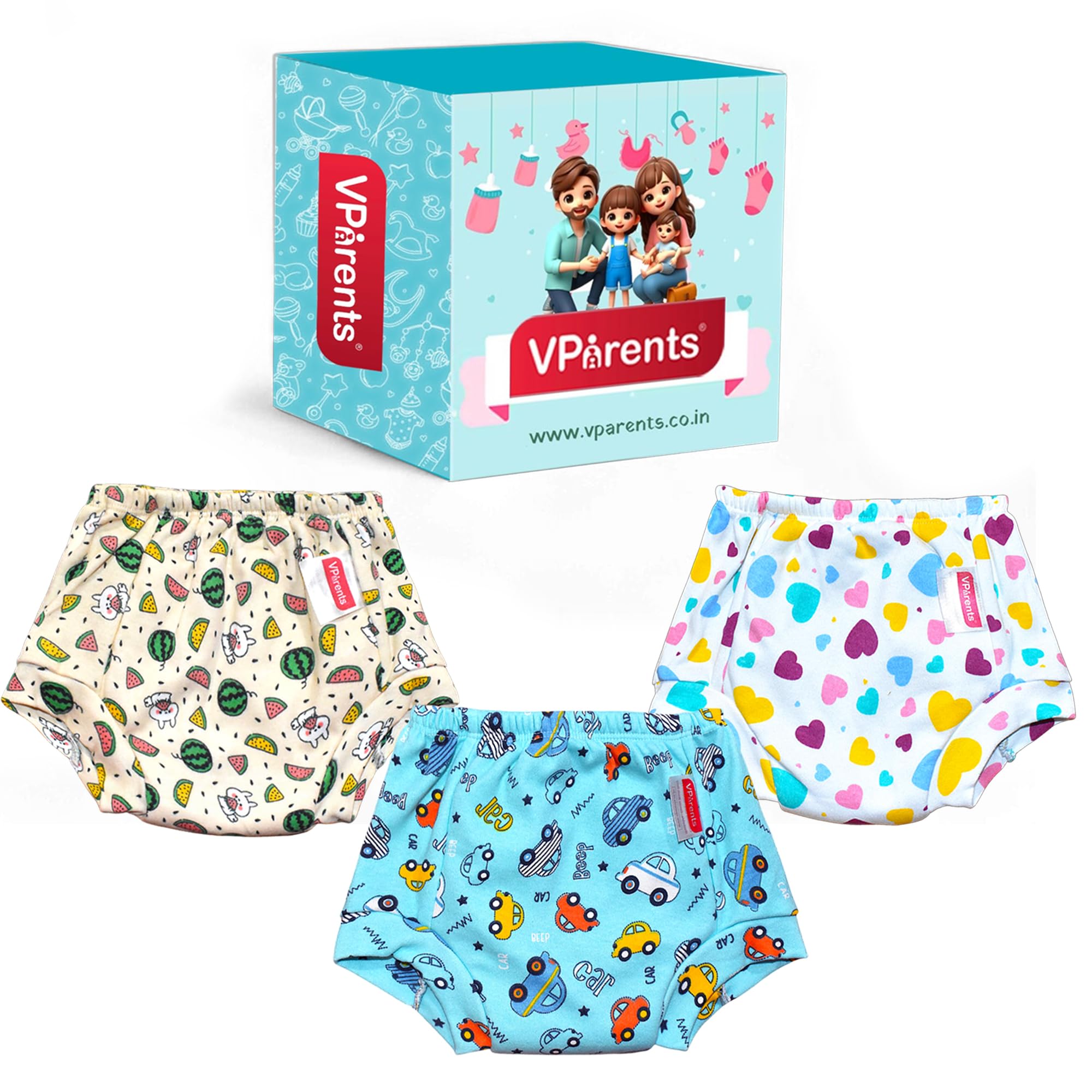 VParents Padded Underwear for Babies and Toddlers with 3 Layers of Cotton Padding Potty Training Pull Up & Diaper-Free Time Pack of 3 (1-2 years) Fruitie car and heart111172