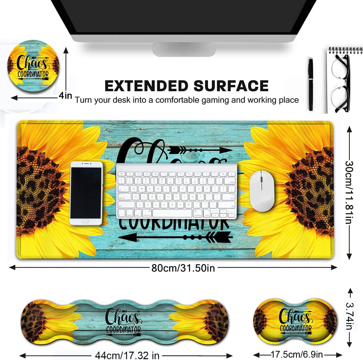 Desk Pad, Keyboard Mouse Pad Set, Extended Gaming Mouse Pad+ Ergonomics Memory Foam Wrist Rest Support,31.5x11.8in Waterproof Large Mouse Pad for Home Office,Chaos Coordinator Sunflower XXL Mouse Mat