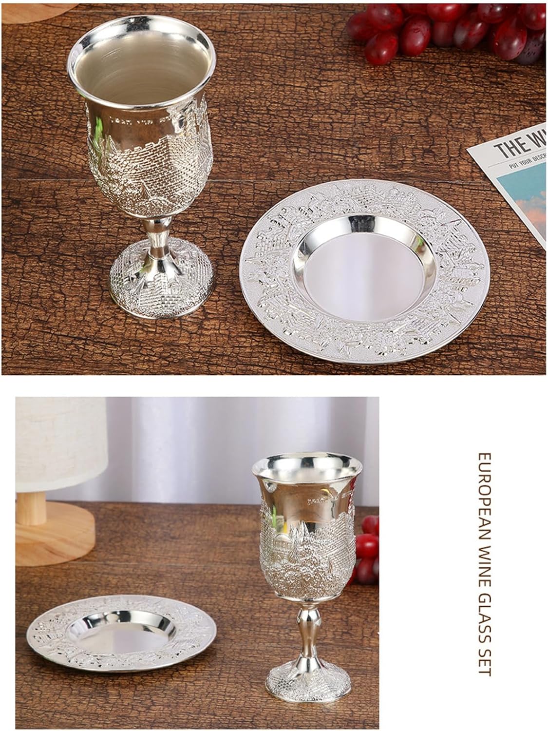 AMONIDA Kiddush Cup Goblet Set Kiddush Wine Cup Set Elegant Zinc Alloy with Handcrafted Design for Weddings Holidays Family Gatherings (Silver Color)
