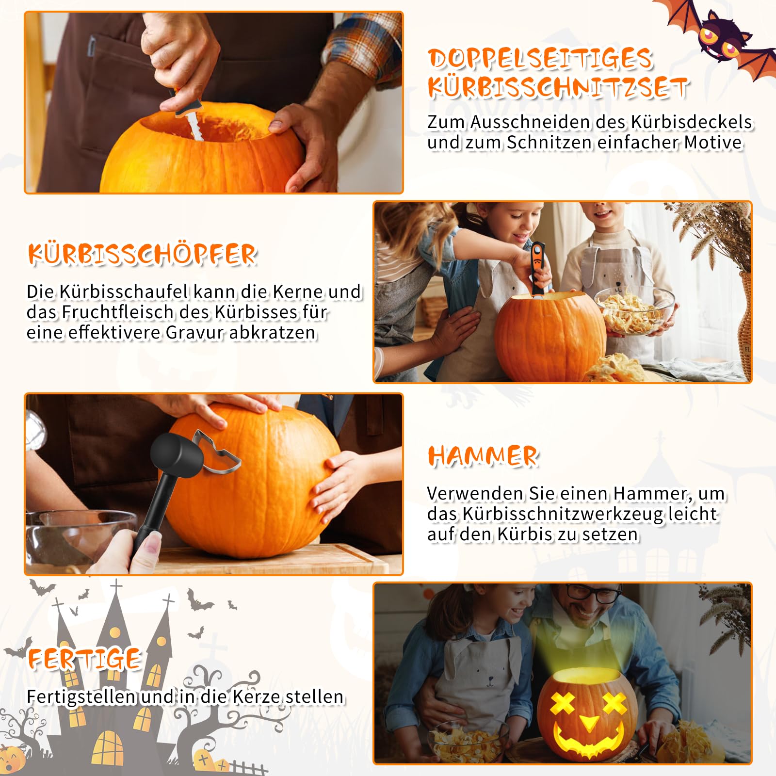 Dreamtop 14 pezzi Kit Intaglio Zucca Halloween Set Intaglio Zucca in Acciaio Inox fai da te Zucca Intaglio Strumento Incluso Mazzuolo di Gomma per Adulti e Bambini