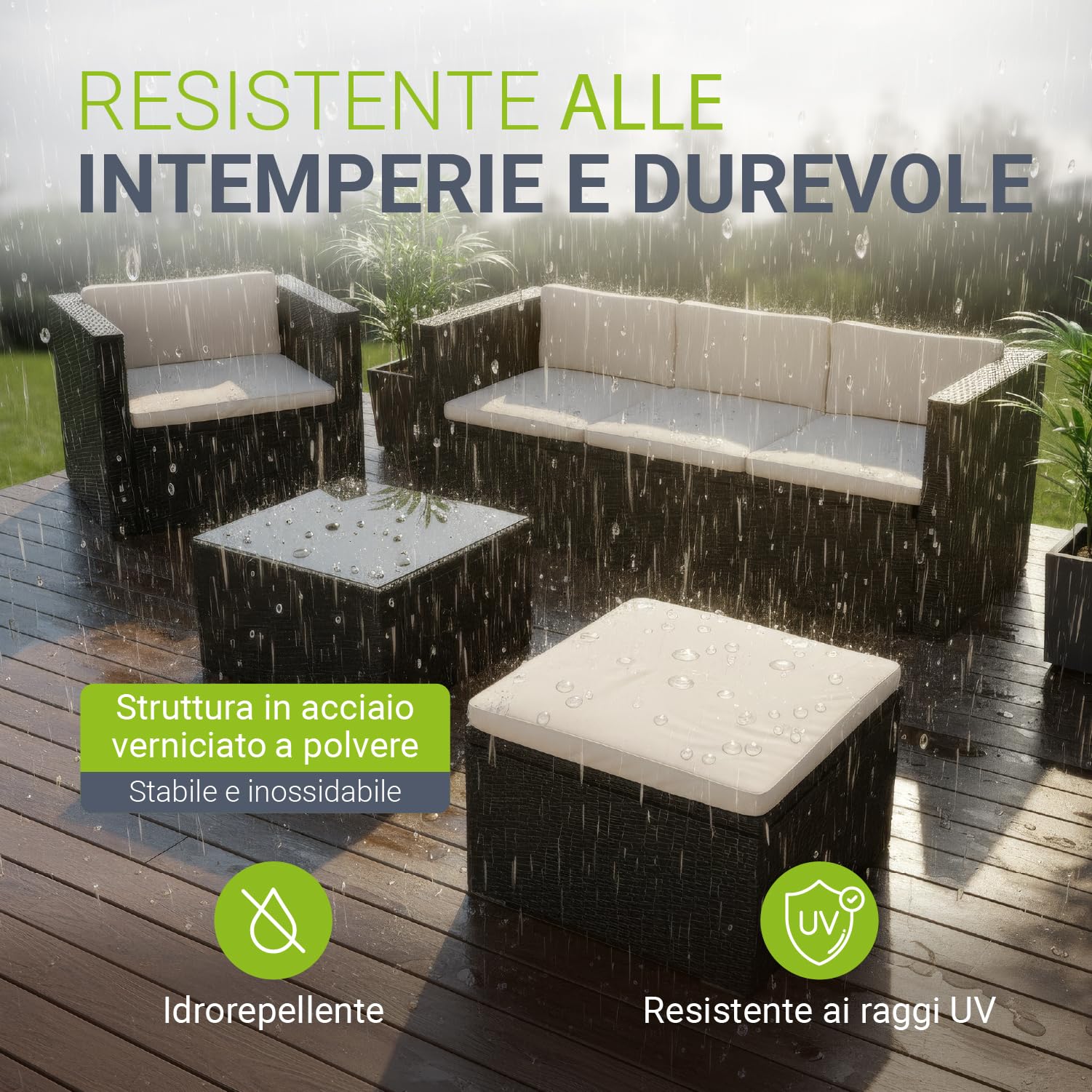 Juskys Lounge in polyrattan Punta Cana L resistente alle intemperie con divano, poltrona, sgabello, tavolo e cuscini - 4-5 persone - set di mobili da giardino lounge nero/crema