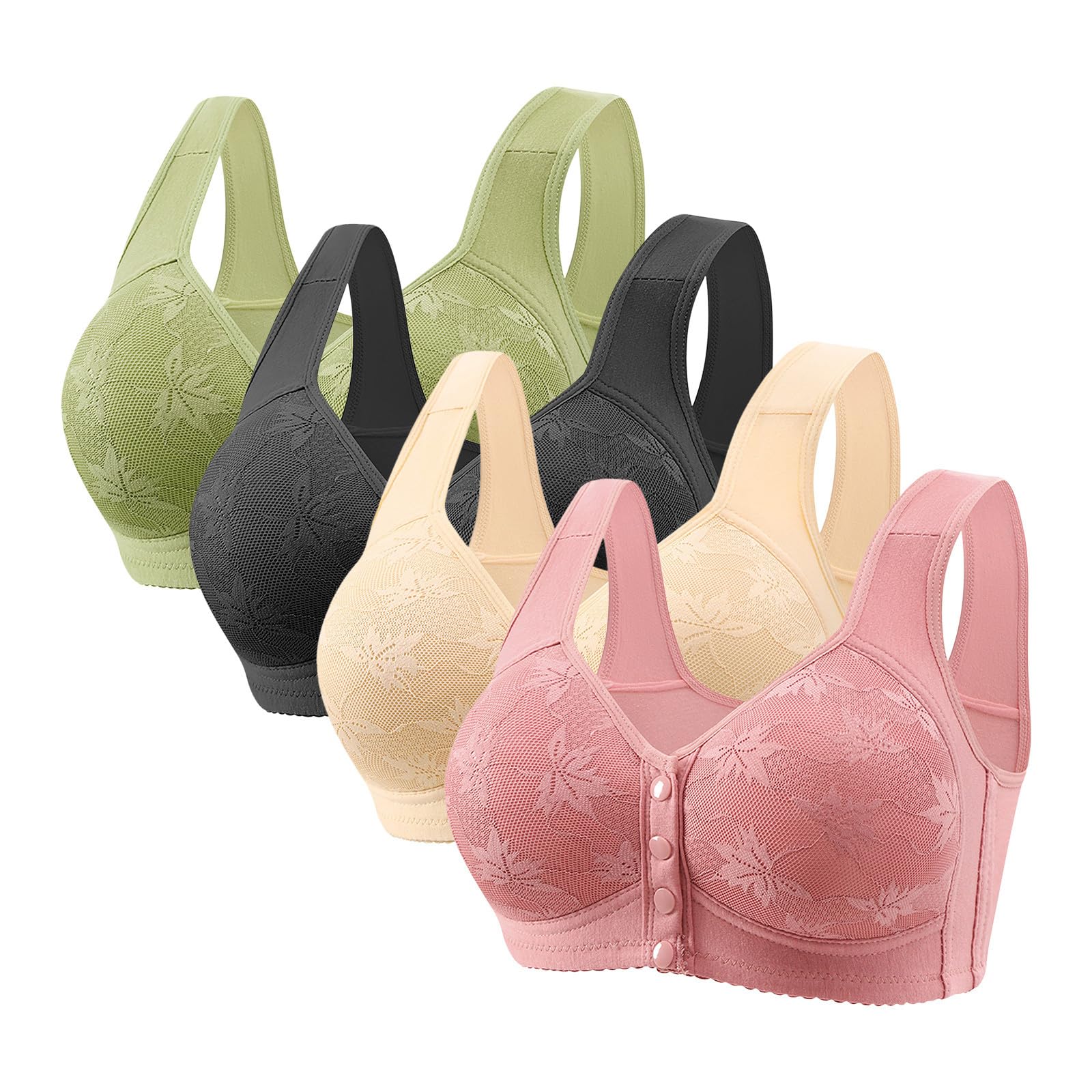 4 Pack Daisy Bras for Older Women Front Closure Wireless Push Up Bras Everyday Wirefree Comfortable Sleep Bralettes