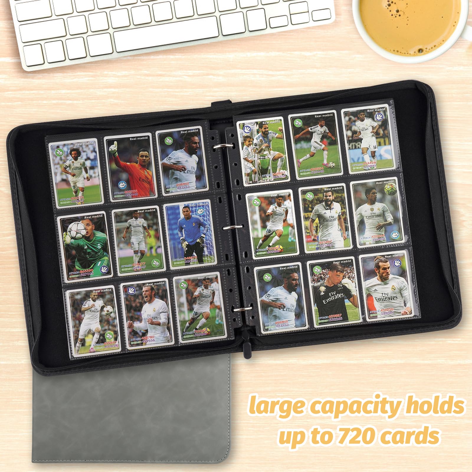 GERMUN Segregator na karty kolekcjonerskie, wysokiej jakości, 9 kieszeni, 720, dwustronny segregator z PU, album kolekcjonerski, etui na karty MTG, TCG, karty sportowe (szary)