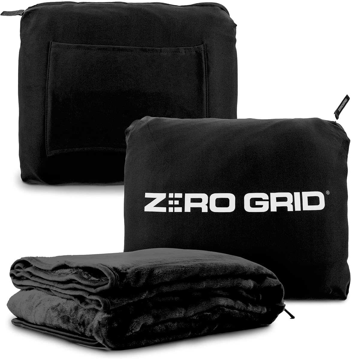 Manta ligera de viaje y avión Zero Grid con bolsillos para los pies, color negro | Manta portátil compacta con broches para el cuello, cremalleras y se convierte en una almohada suave para máxima comodidad