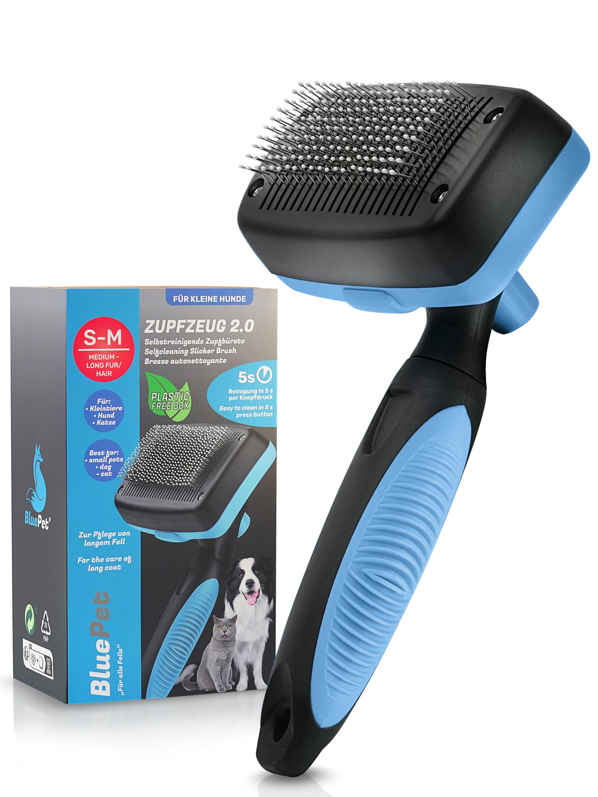 BluePet Kleine Hundebürste & Katzenbürste für Langhaar - Entfernt sanft Unterwolle, Verfilzungen & Knoten - ZupfZeug Version 2.0 mit Reinigungsknopf - Für die tägliche Anwendung