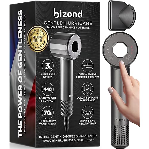 Ionic Hair Dryer Premium Quality, High-Speed Professional Brushless Motor 110,000 RPM, 1600W Power, 9 ft Long Cord and Magnetic Nozzle, Lightweight Blow Dryer, Ultra Quiet Fast Drying (Gray)