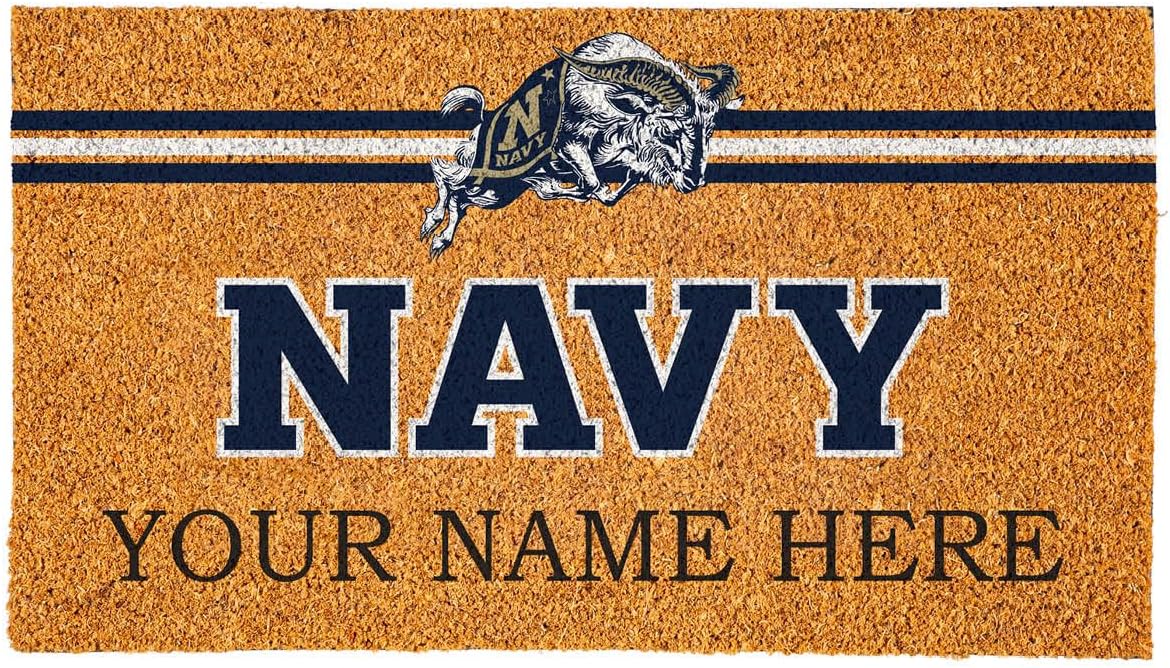 Team Sports America NCAA US Naval Academy College Personalized Coir Door Mat, 18 x 30 Inches Custom Name Doormat, Front Door Non-Slip Welcome Mats